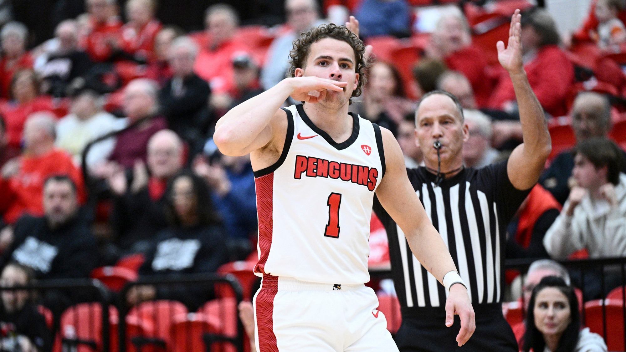 Cam Polak celebrates a 3-pointer during YSU's men's basketball team's victory over Chicago State on Nov. 28, 2025.
