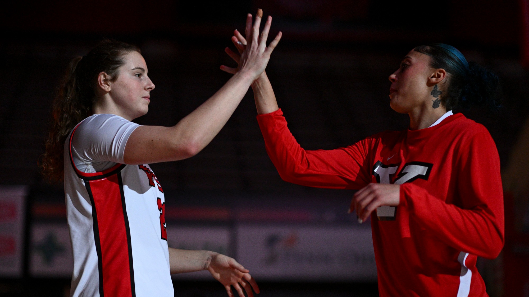 Sophia Gregory and Faith Burch in starting lineup introductions. Youngstown State women's basketball vs. Wright State on Dec. 16, 2025. Photo by Robert Hayes.