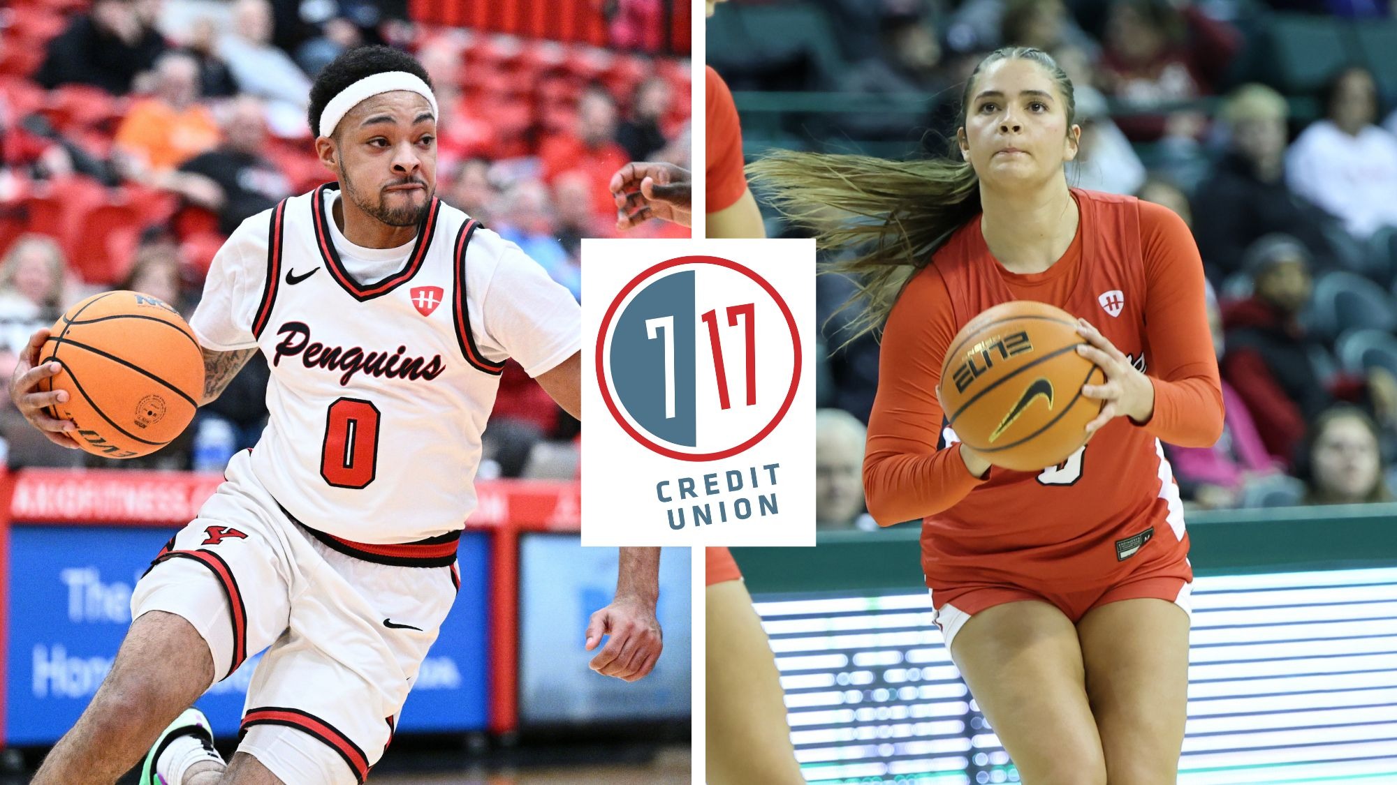 Promotional graphic for 7 17 Credit Union featuring YSU basketball players Jason Nelson and Hayden Barrier