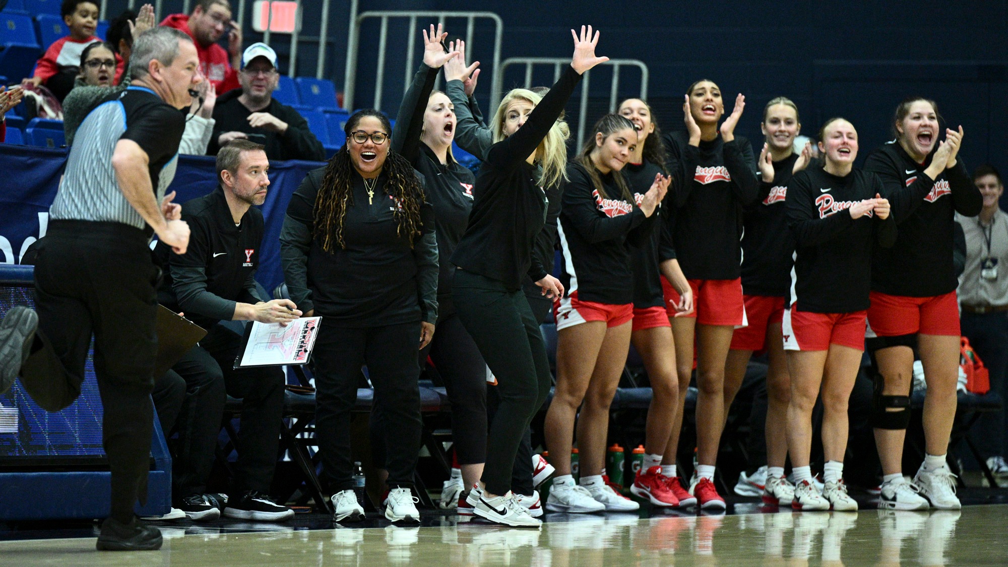 The Youngstown State's women's basketball team celebrates on the bench during its game at Akron on Nov. 30, 2025.