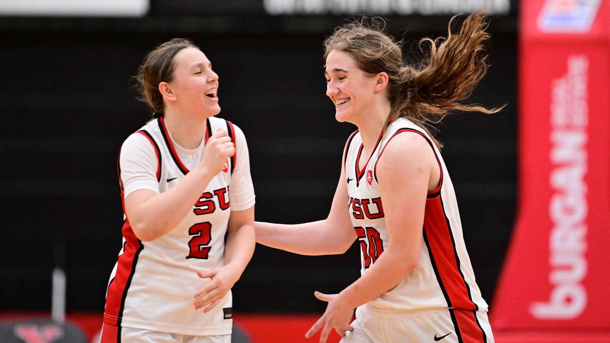 Danielle Cameron and Sarah Baker celebrate after YSU's 58-54 win over Purdue Fort Wayne on Jan. 10, 2026.