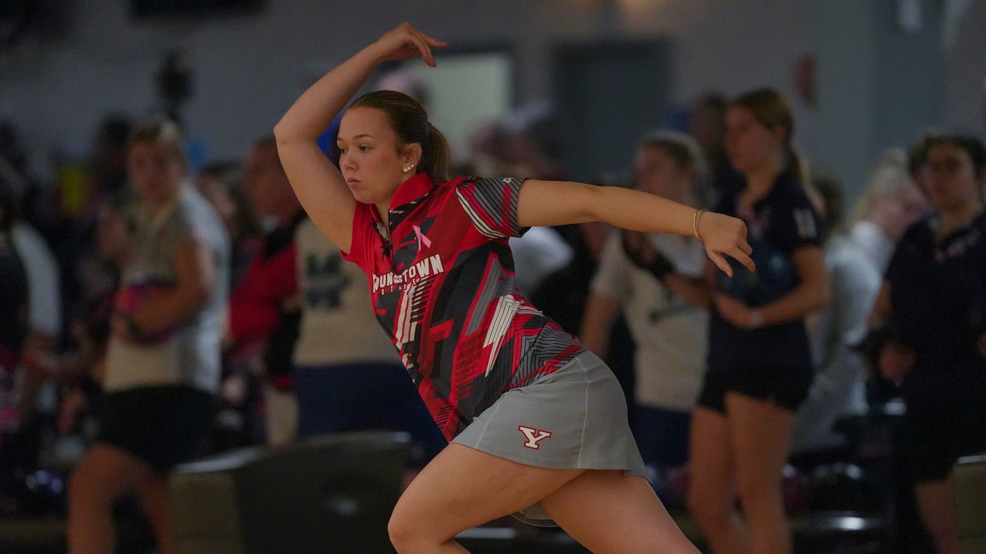 Leyna Kratzer holds her follow through for the Youngstown State bowling team at the Chelsea Gilliam Penguin Classic on Oct. 17, 2025.