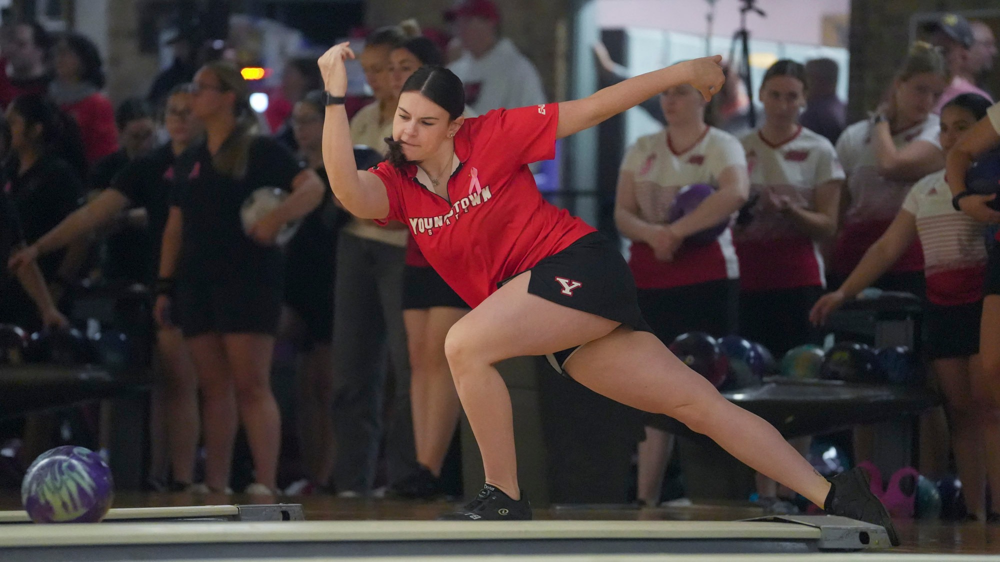 Kara Beissel follows through her shot for the Youngstown State bowling team at the Chelsea Gilliam Penguin Classic on Oct. 19, 2025