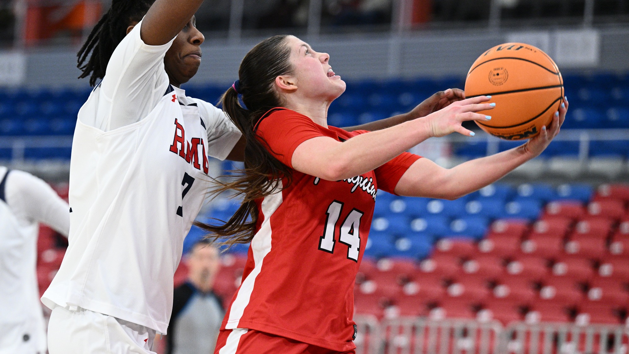Casey Santoro drives against a Robert Morris defender.