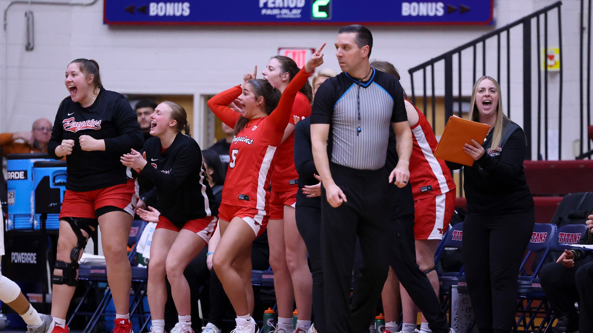 Players on Youngstown State's bench celebrate during the first half of the Penguins' win at Detroit Mercy on Jan. 29, 2026. 