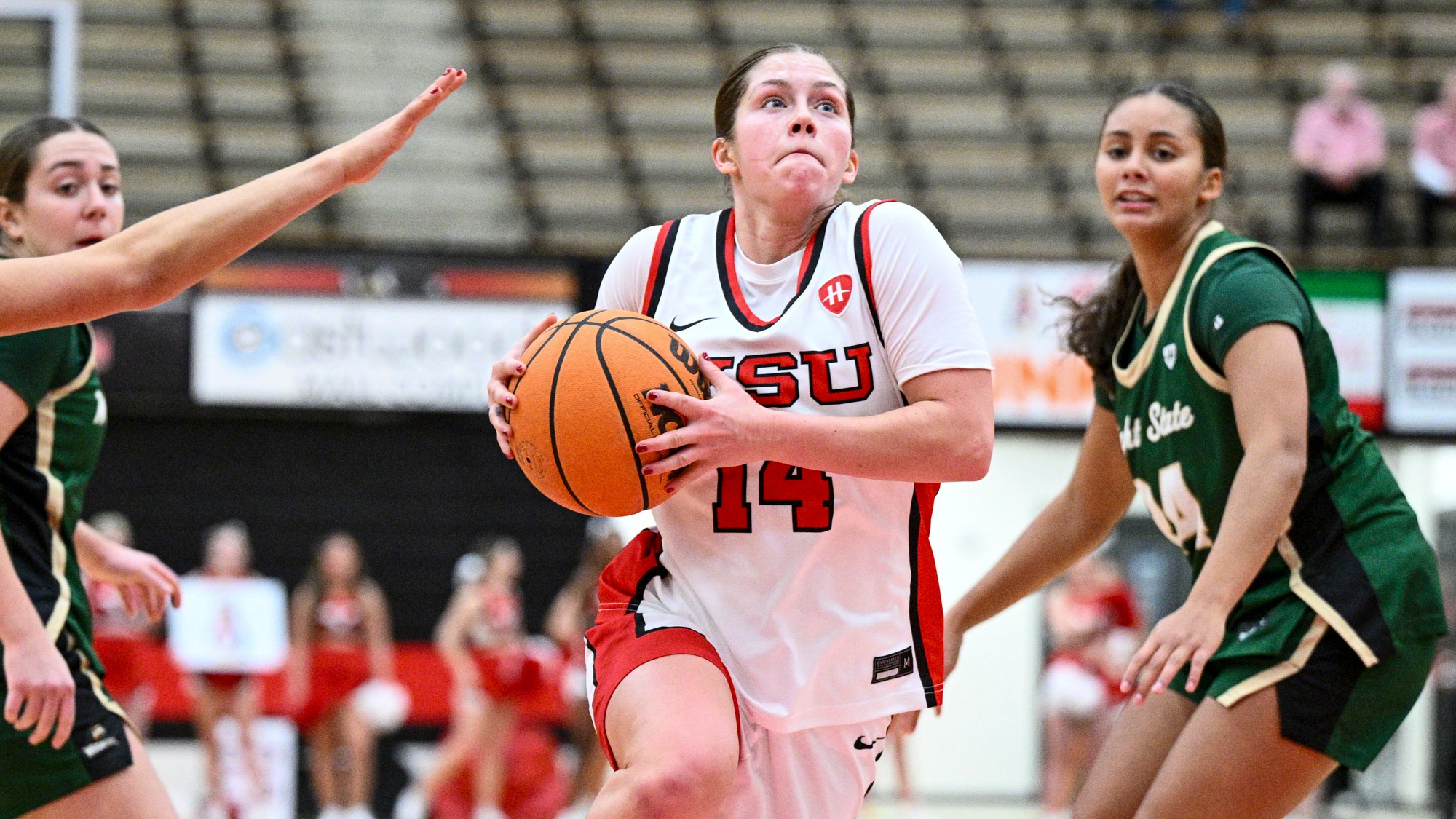 Casey Santoro drives toward the basket in the Youngstown State women's basketball game vs. Wright State on Dec. 16, 2025. Photo by Robert Hayes.