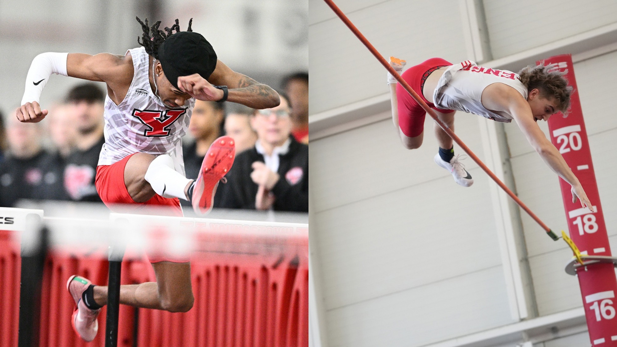 Micah Mitchell (jumping over hurdle) and Lukas Lang (clearing pole vault bar)