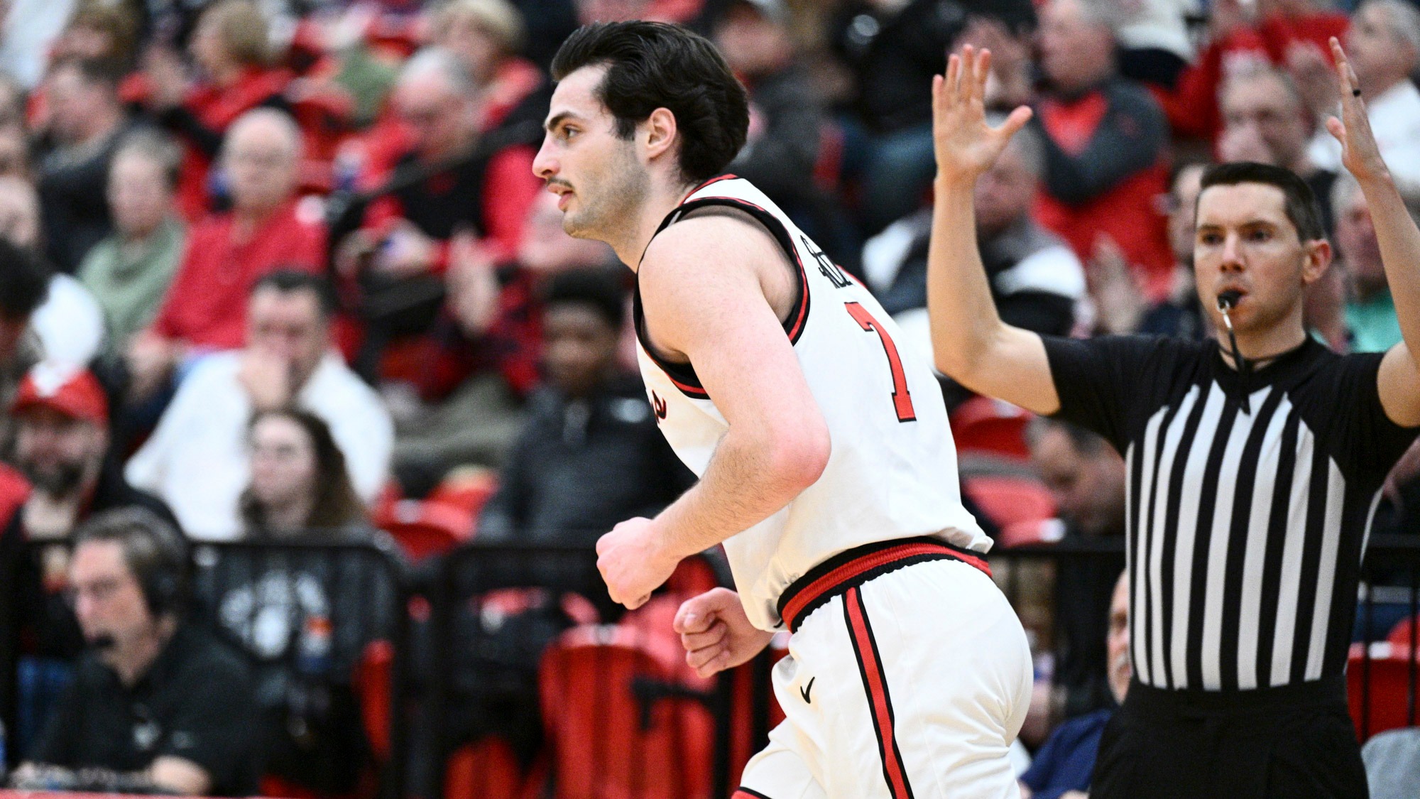 Vlad Salaridze runs back on defense after making a 3-pointer for Youngstown State against Cleveland State on Feb. 18, 2026.