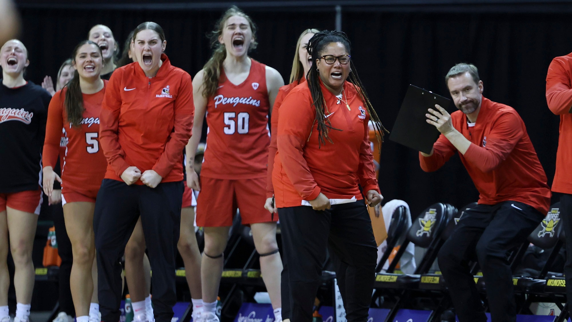 YSU's bench celebrates a basket as the Penguins beat NKU 75-55 on Feb. 19, 2026. Photo by Chloe Whitlock.