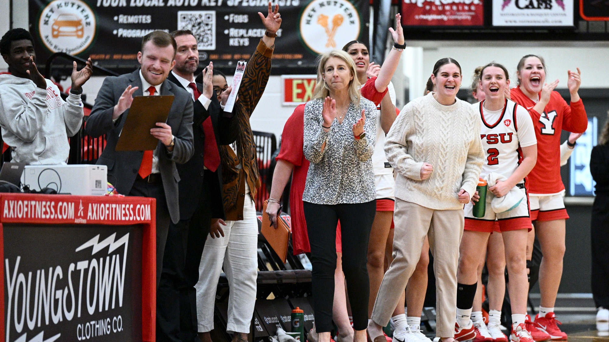 The Youngstown State women's basketball team's bench celebrates in its game vs. Cleveland State on Jan. 25, 2026, at Beeghly Center.