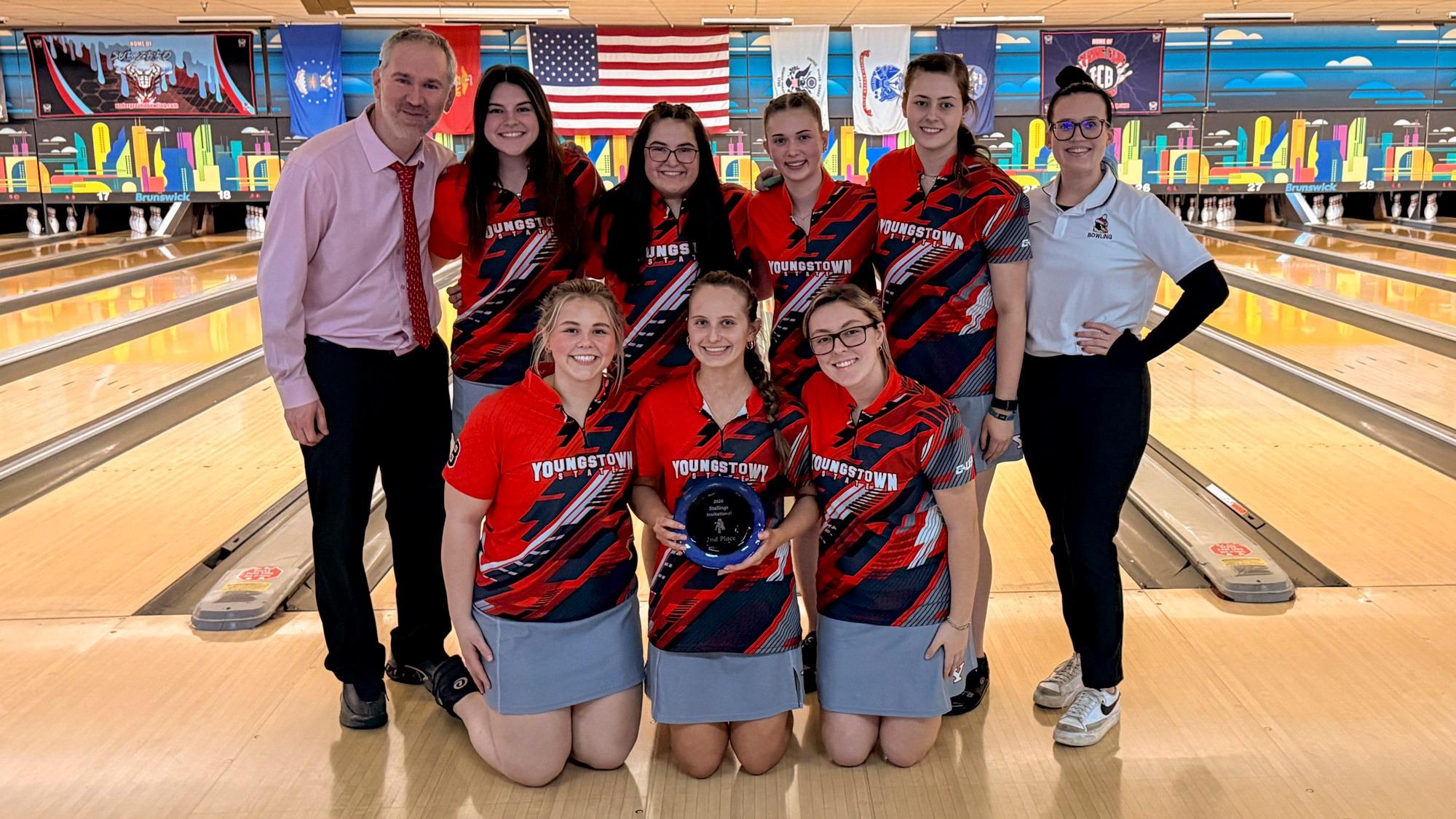 Youngstown State's bowling team poses with the runner-up trophy at the 2026 Stallings Invitational.