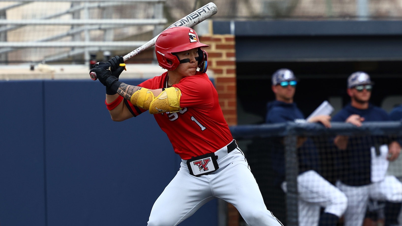 Alex Jang waits for a pitch at the plate during YSU's series finale at Longwood on March 1, 2026 (Photo by Bryson Chavez)