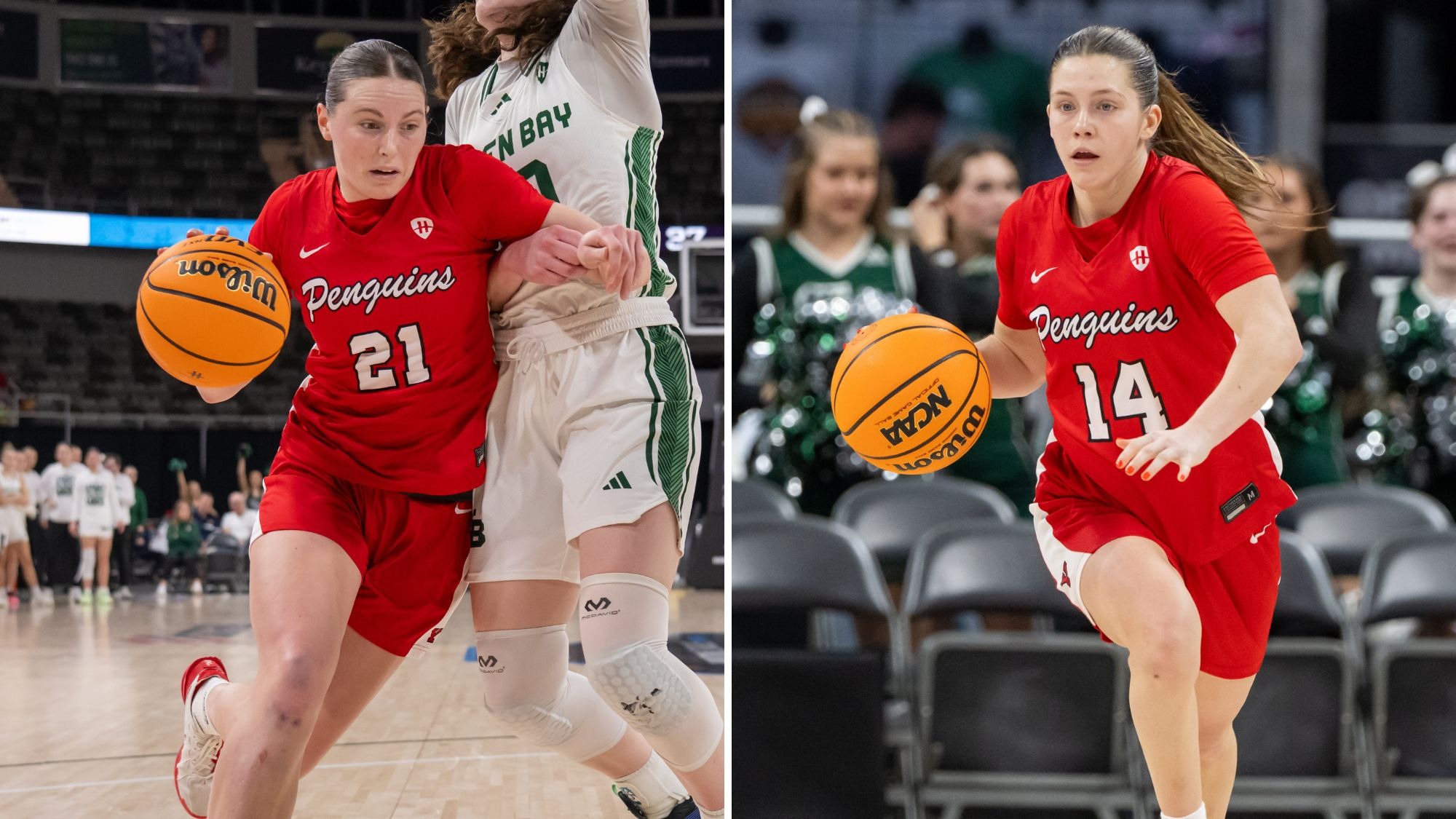 Combined action photos of Sophia Gregory and Casey Santoro against Green Bay