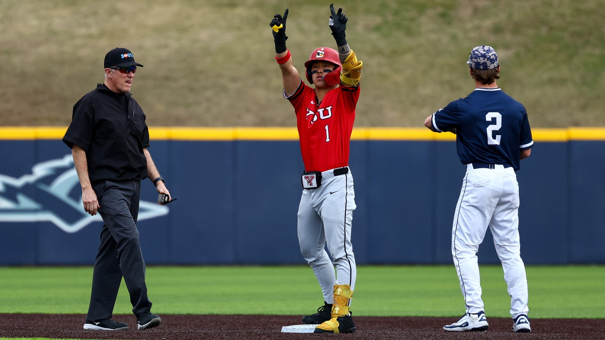 Alex Jang celebrates at second base after a hit in YSU's baseball game at Longwood on March 1, 2026 (Photo by Bryson Chavez)