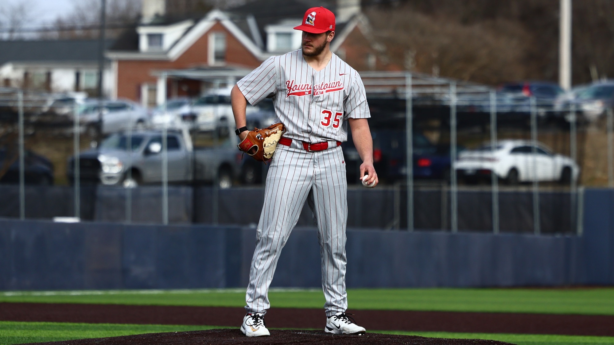 Braden Gebhardt prepares to deliver a pitch for YSU during a baseball game at Longwood on Feb. 27, 2026 (Photo by Bryson Chavez)