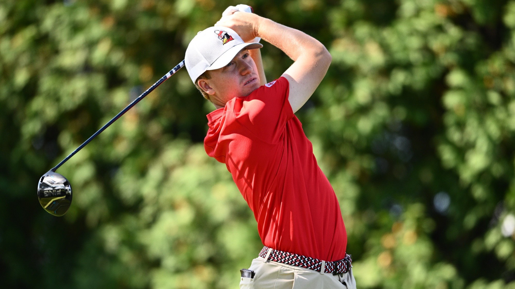 Ryan Sam of the YSU men's golf team follows through on his golf swing during the Mercyhurst Laker Fall Invitational on Sept. 14, 2025 (Photo by Robert Hayes)