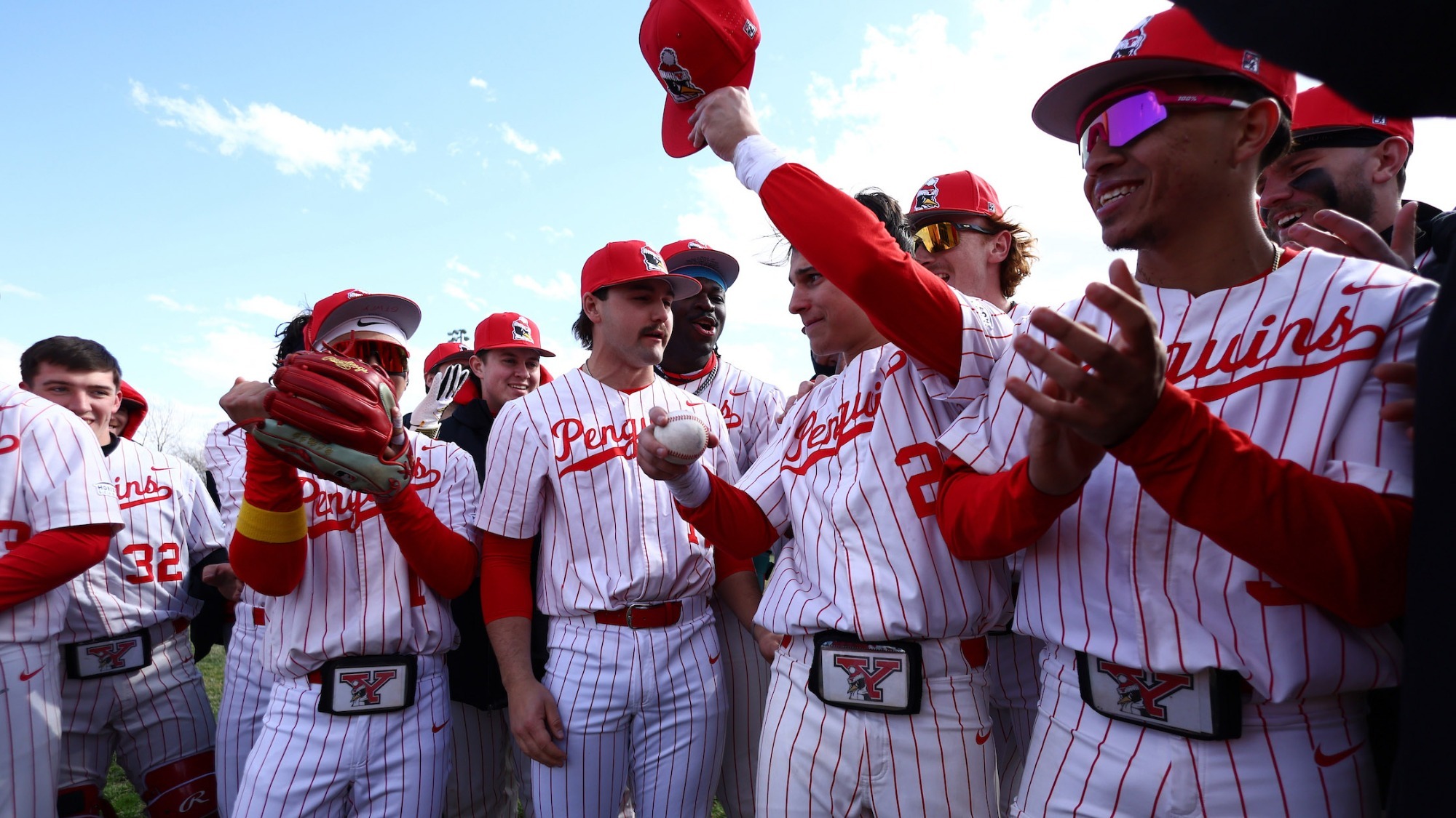 Nick Miscavage celebrates with his teammates after YSU's 6-5 victory over Oakland at Pullman Park on March 13, 2026 (Photo by Bryson Chavez)