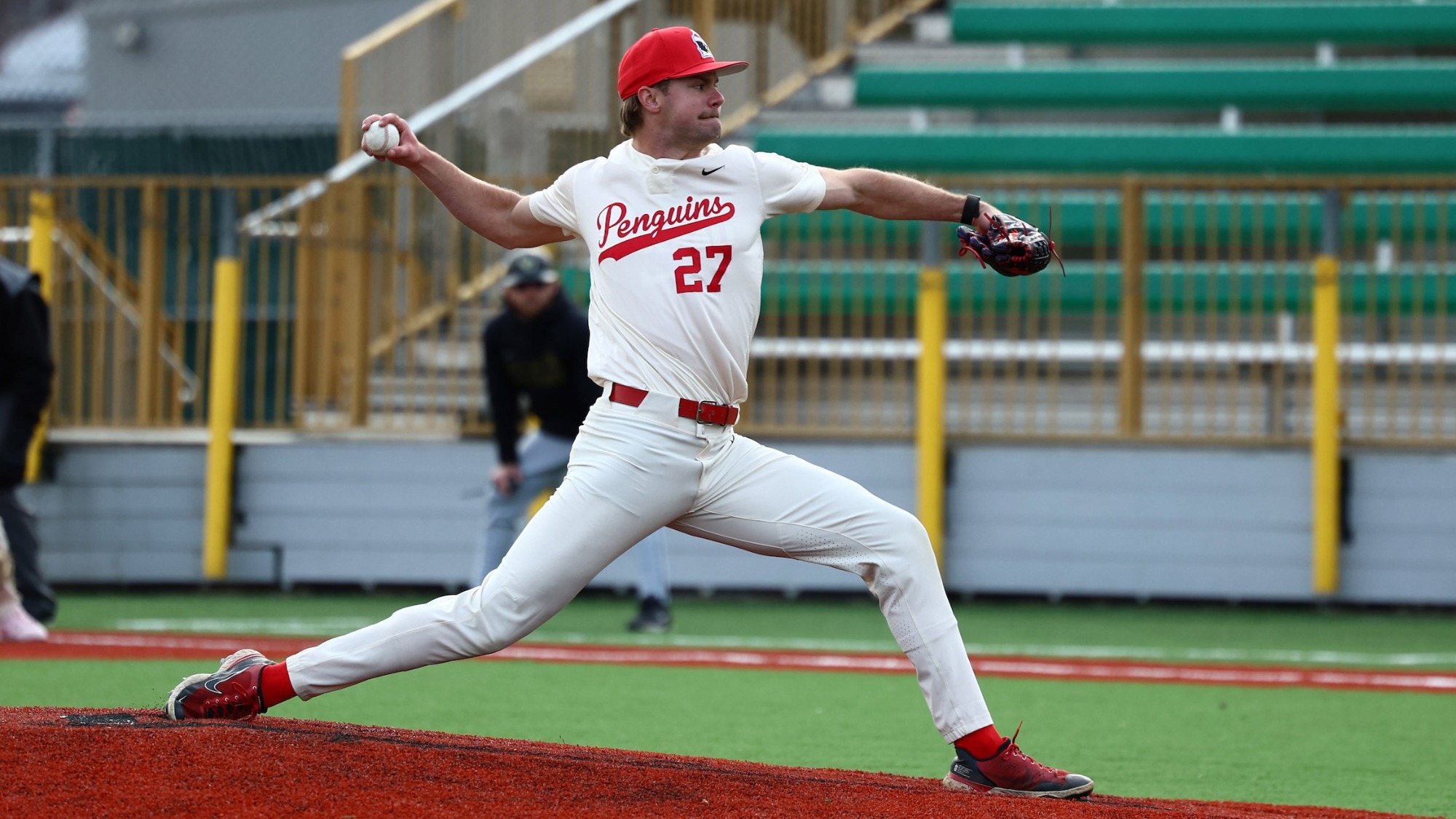 Aidan English delivers a pitch for YSU during a baseball game vs. Oakland at Pullman Park on March 14, 2026 (Photo by Bryson Chavez)