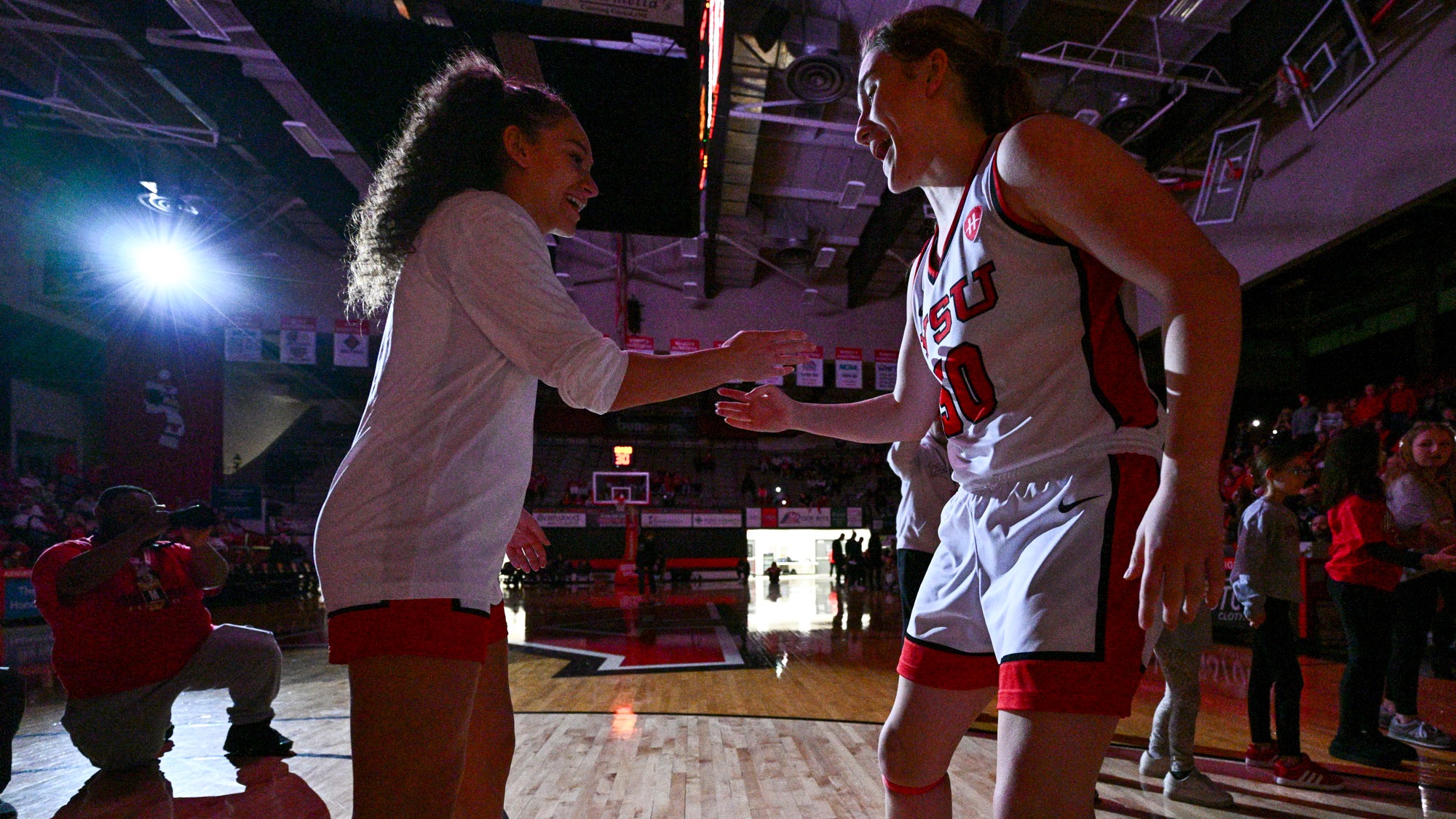 Sarah Baker and Dacia Lewandowski in starting lineup introductions for the Youngstown State women's basketball team vs. Wright State in the first round of the 2026 Horizon League Women's Basketball Championship.
