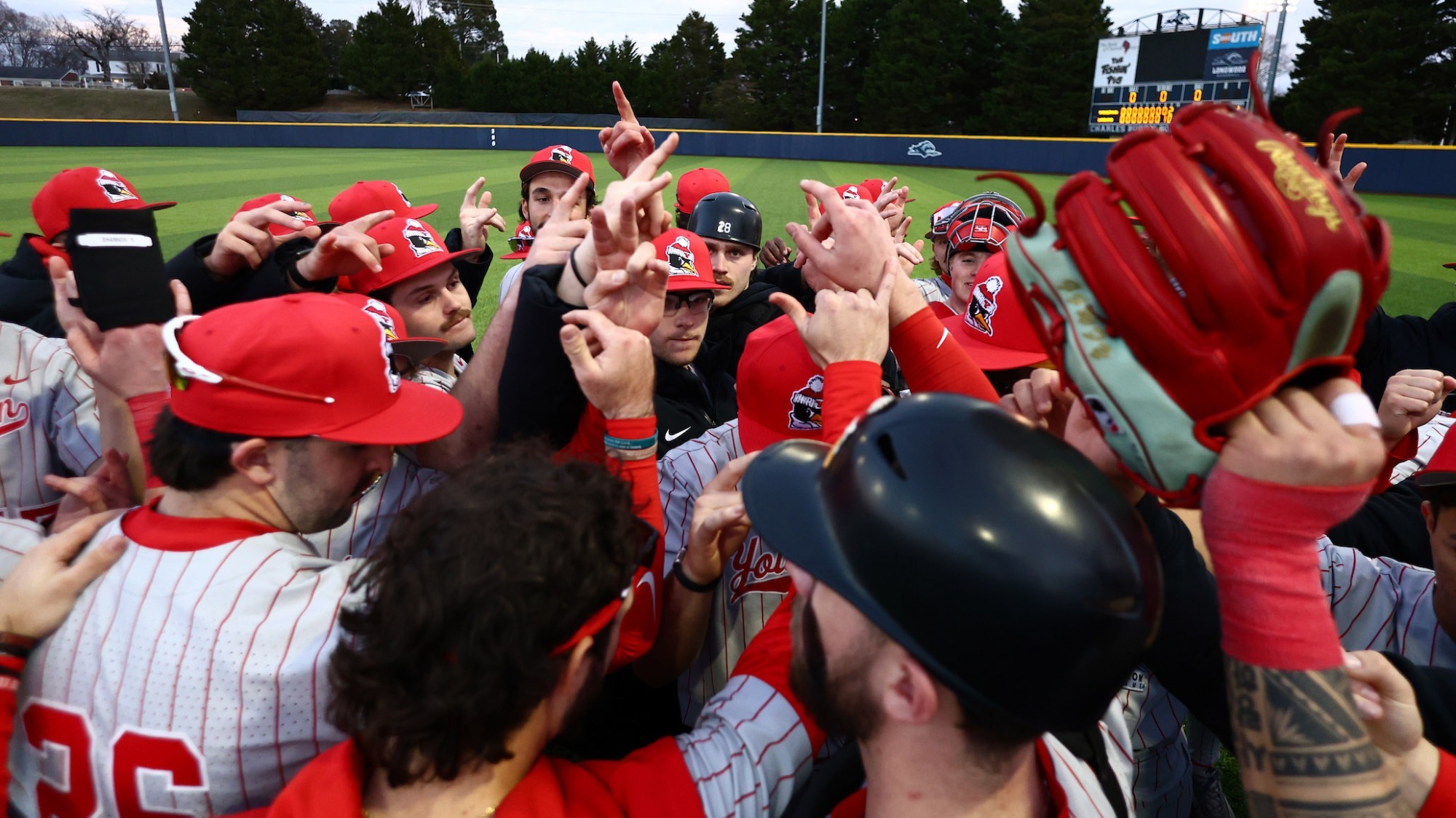 YSU baseball team huddles following a win at Longwood on Feb. 27, 2026 (Photo by Bryson Chavez)