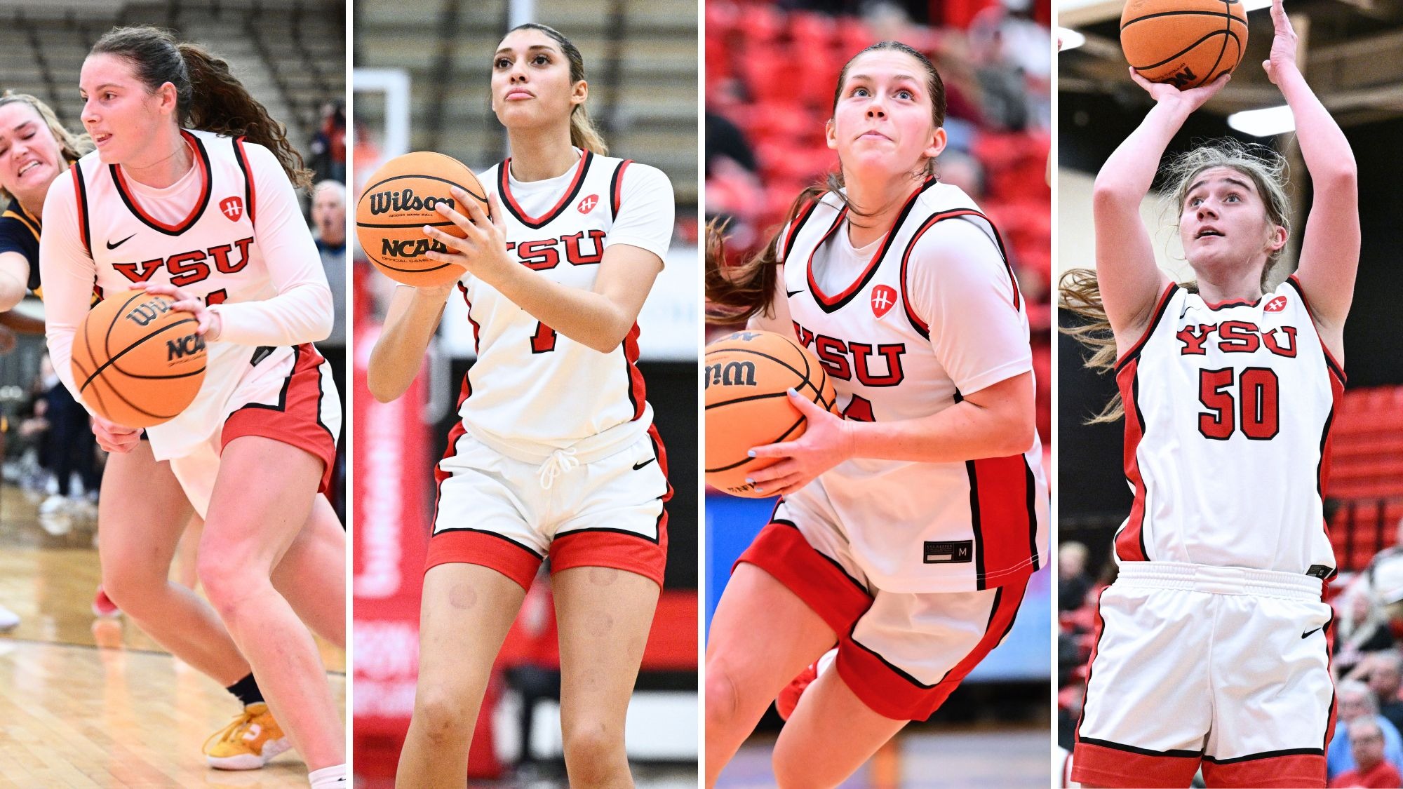 Photos of YSU's women's basketball All-Horizon League selections for 2025-26: Sophia Gregory, Paulina Hernandez, Casey Santoro and Sarah Baker
