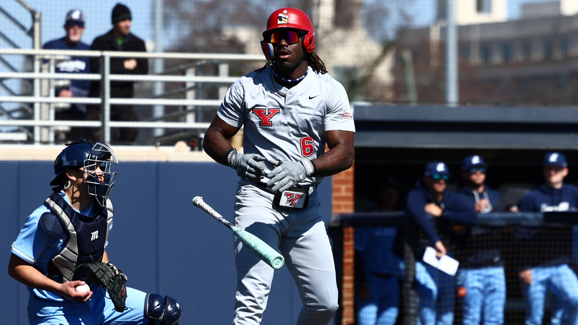 Chyran Humphries heads to first base after drawing a walk for YSU during a baseball game at Longwood on Feb. 28, 2026 (Photo by Bryson Chavez)