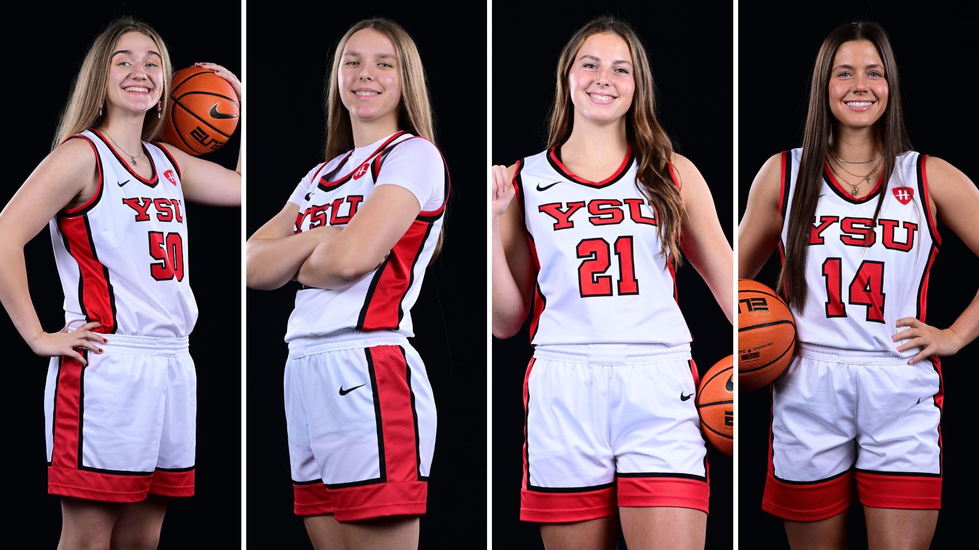 Combined image of media day photos of YSU women's basketball players Sarah Baker, Danielle Cameron, Sophia Gregory and Casey Santoro
