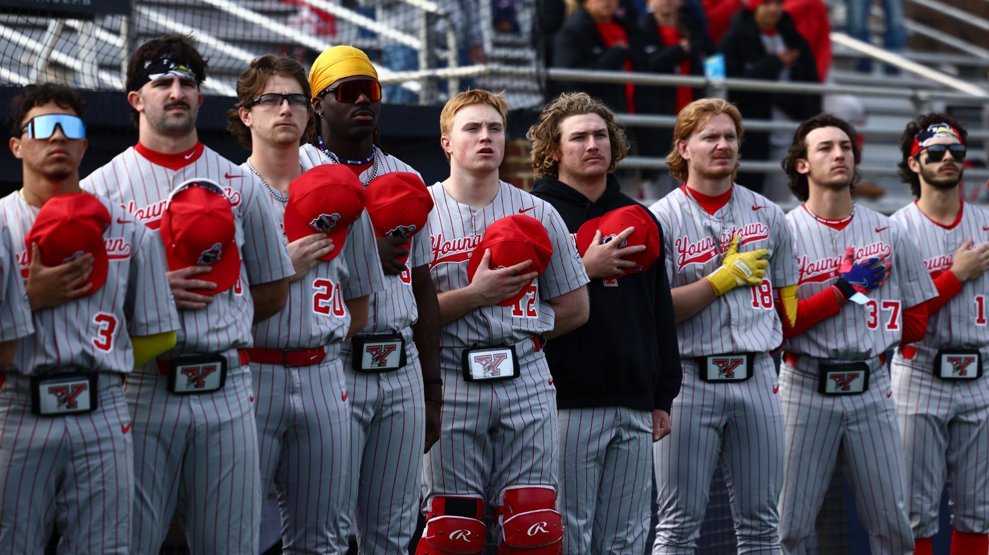YSU baseball players stand together before a game at Longwood on Feb. 27, 2026 (Photo by Bryson Chavez)