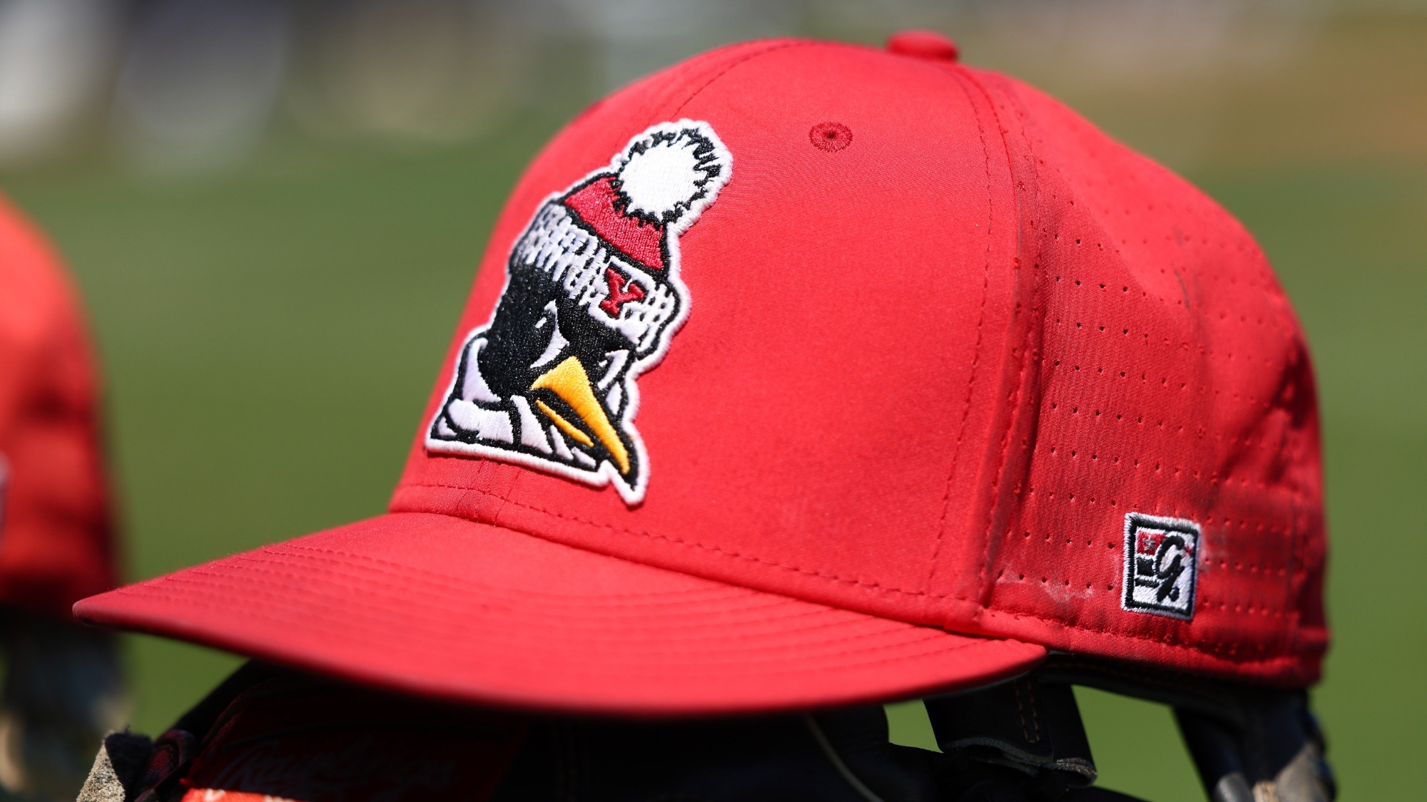 A red YSU baseball hat featuring a Pete the Penguin logo rests on a glove before a game during the 2025 season (Photo by Bryson Chavez)