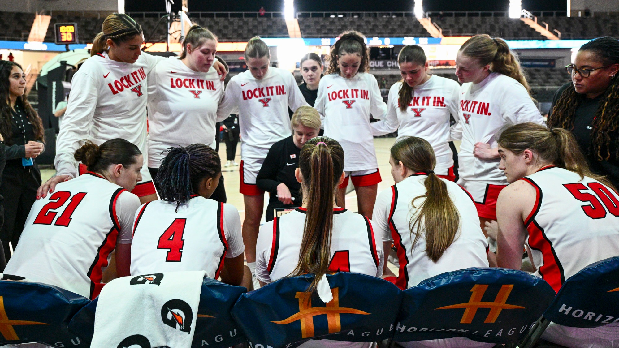 YSU's women's basketball team huddles before its semifinal game against Cleveland State on March 9, 2026.