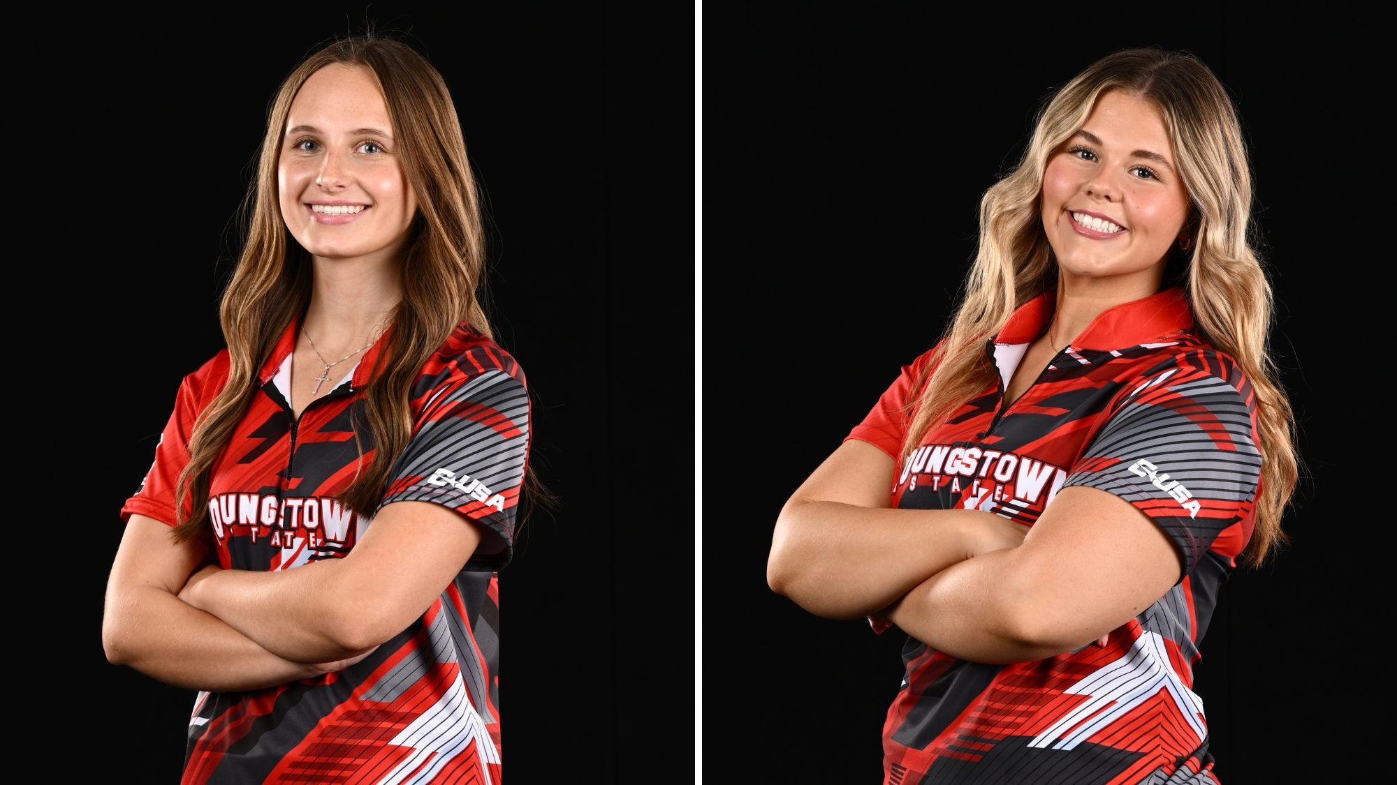 Amy Chrzanowski and Liv Baskin stand with their arms crossed in a photo studio