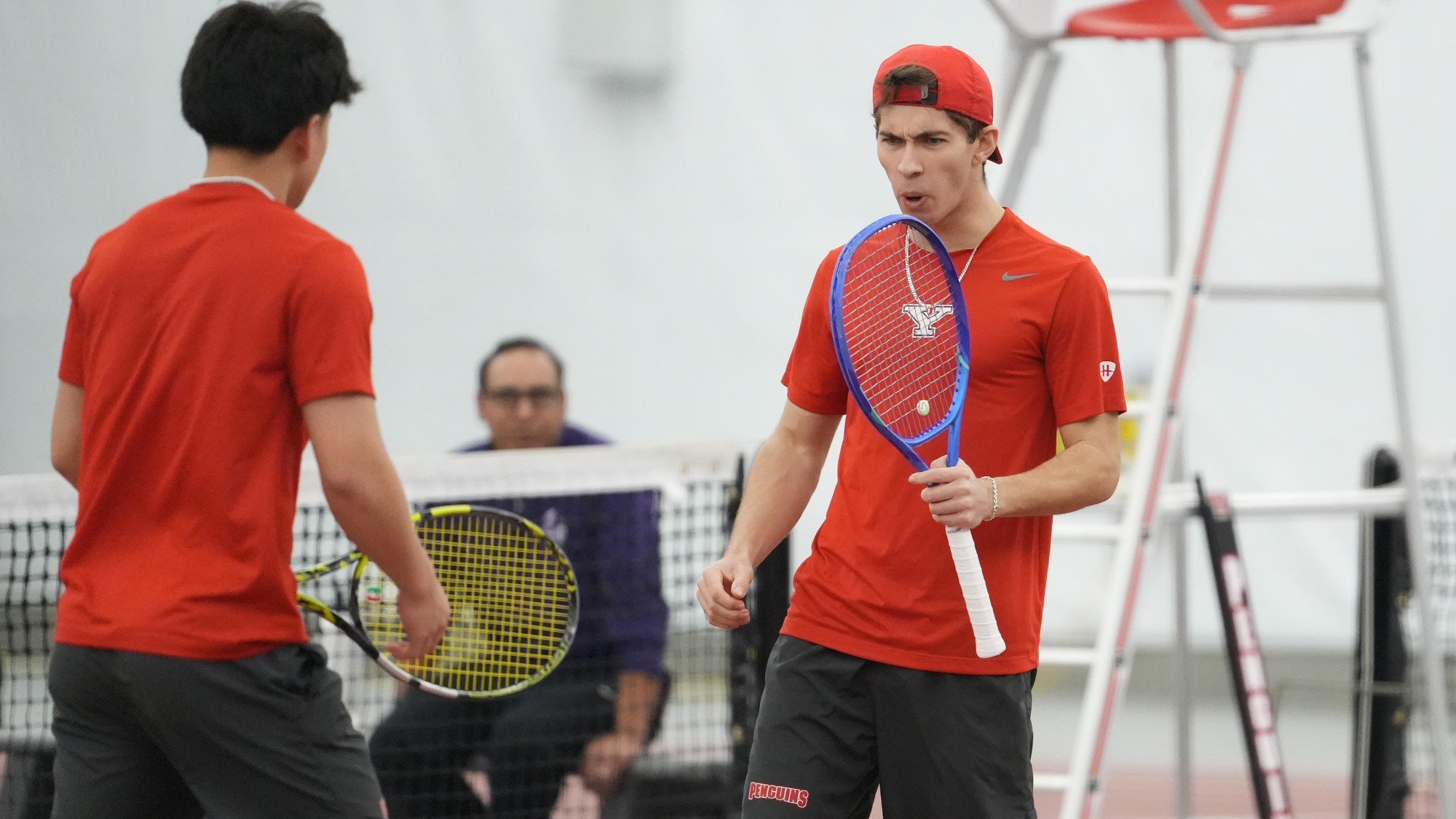 Alex Woiten gets hyped after winning a point with doubles partner Takamasa Mishiro