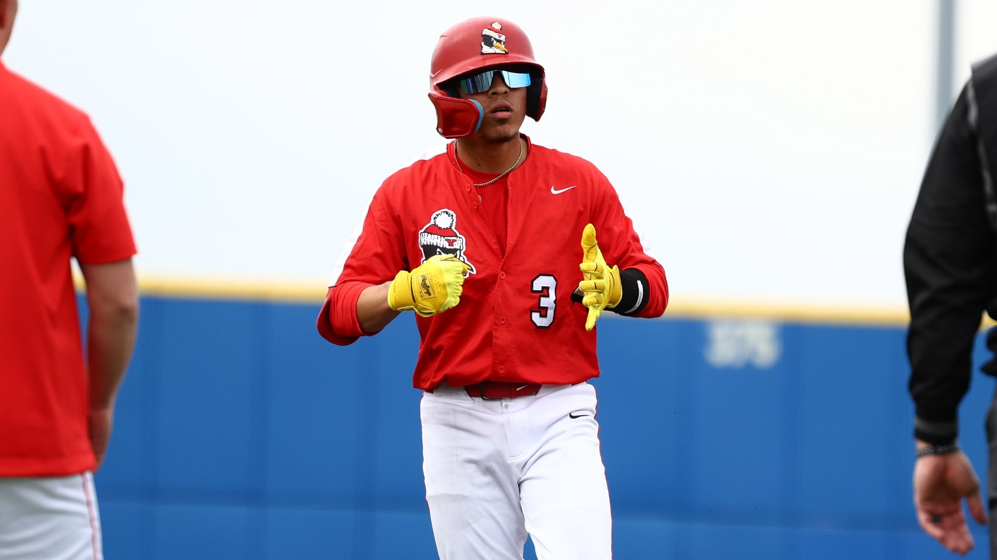 Misael Uriepero celebrates after reaching base for YSU during a baseball game at Pitt on March 25, 2026 (Photo by Bryson Chavez)