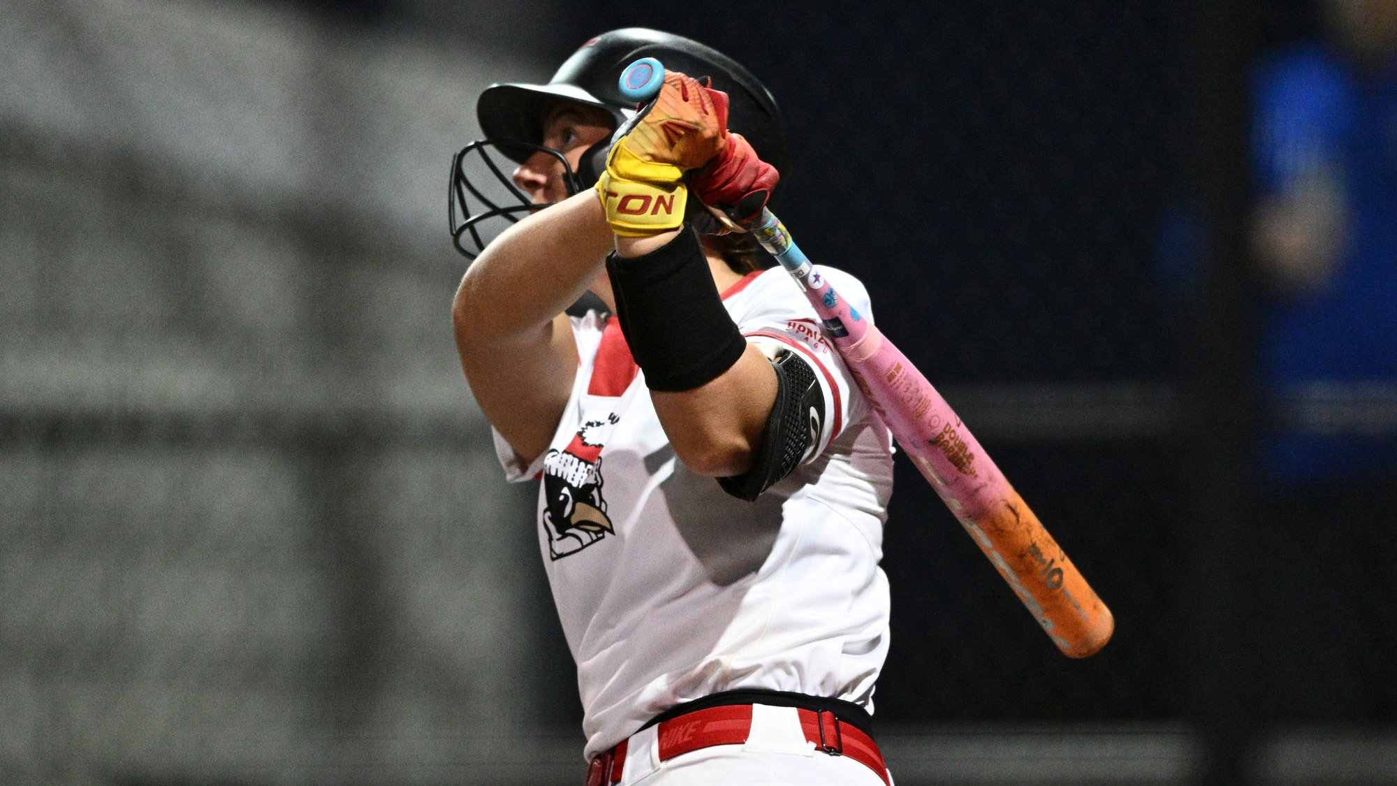Kennedy Dean watches from the batter's box as her grand slam sails over the fence against Mercyhurst on April 14, 2026. Photo by Robert Hayes.
