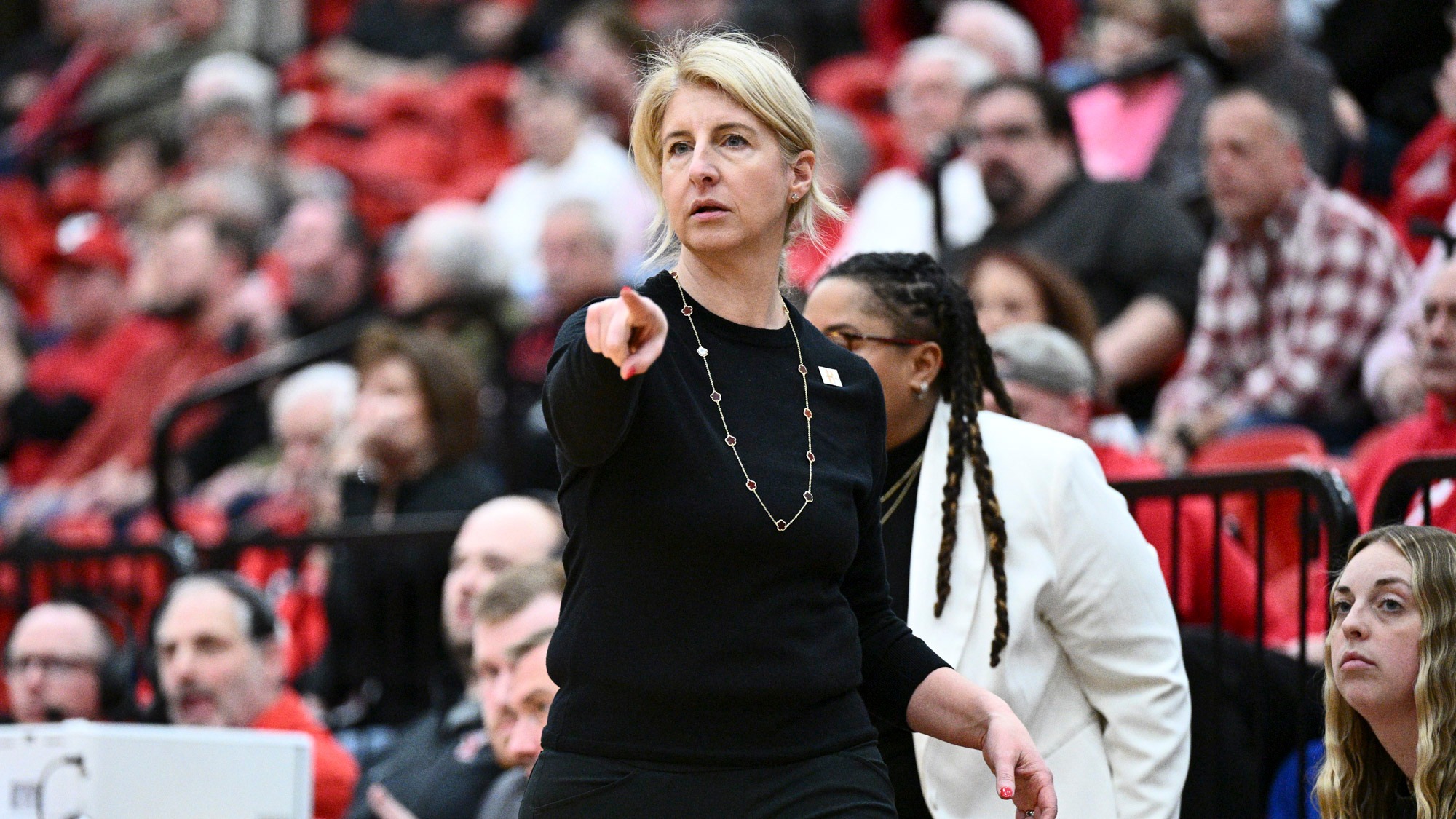 Coach Melissa Jackson points from the sideline in the Youngstown State women's basketball game vs. Wright State in the first round of the 2026 Horizon League Women's Basketball Championship. Photo by Robert Hayes on March 4, 2026, at Beeghly Center.