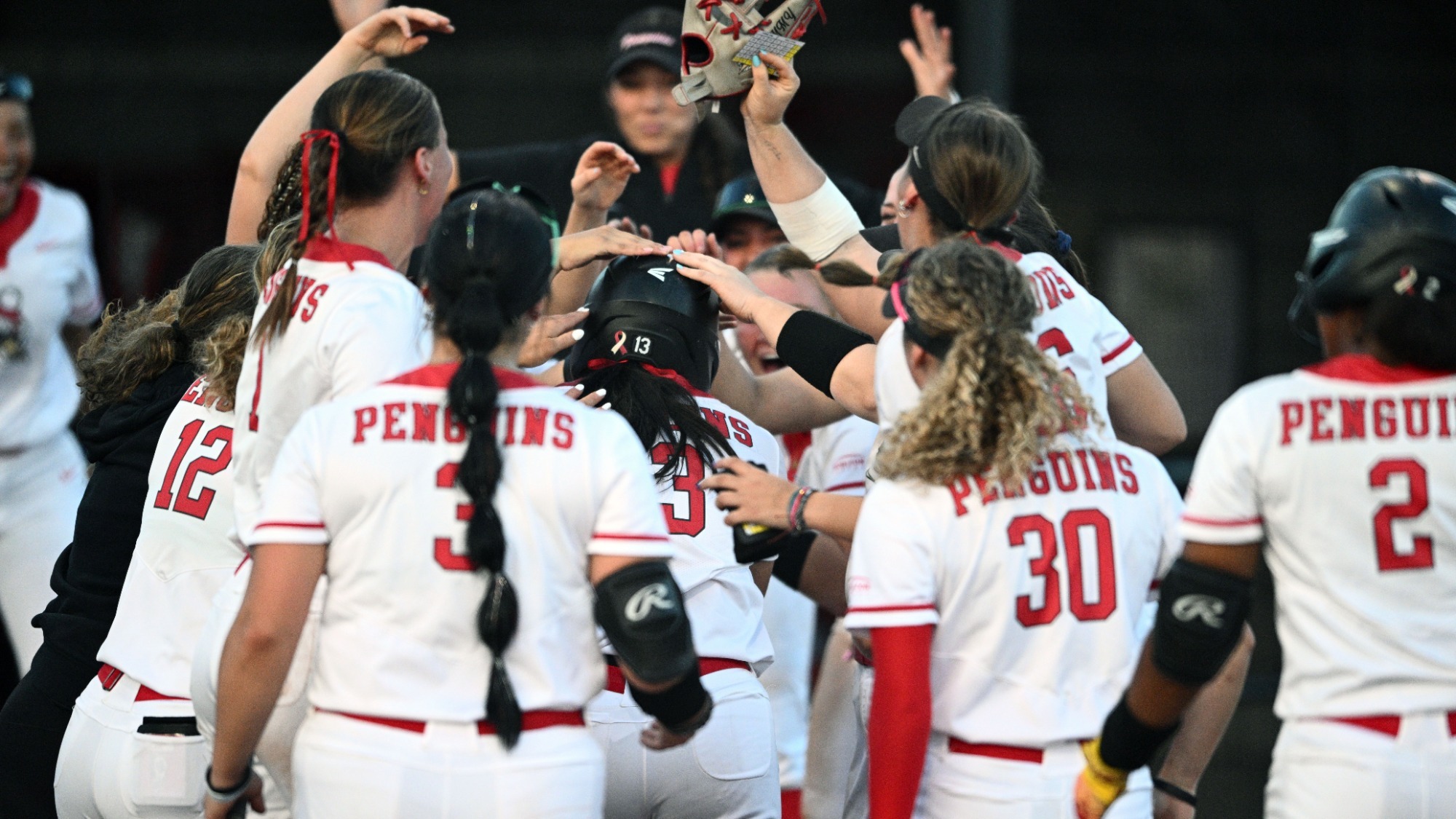 Grace Pilaczynski and teammates celebrate a home run against Mercyhust on April 14, 2026