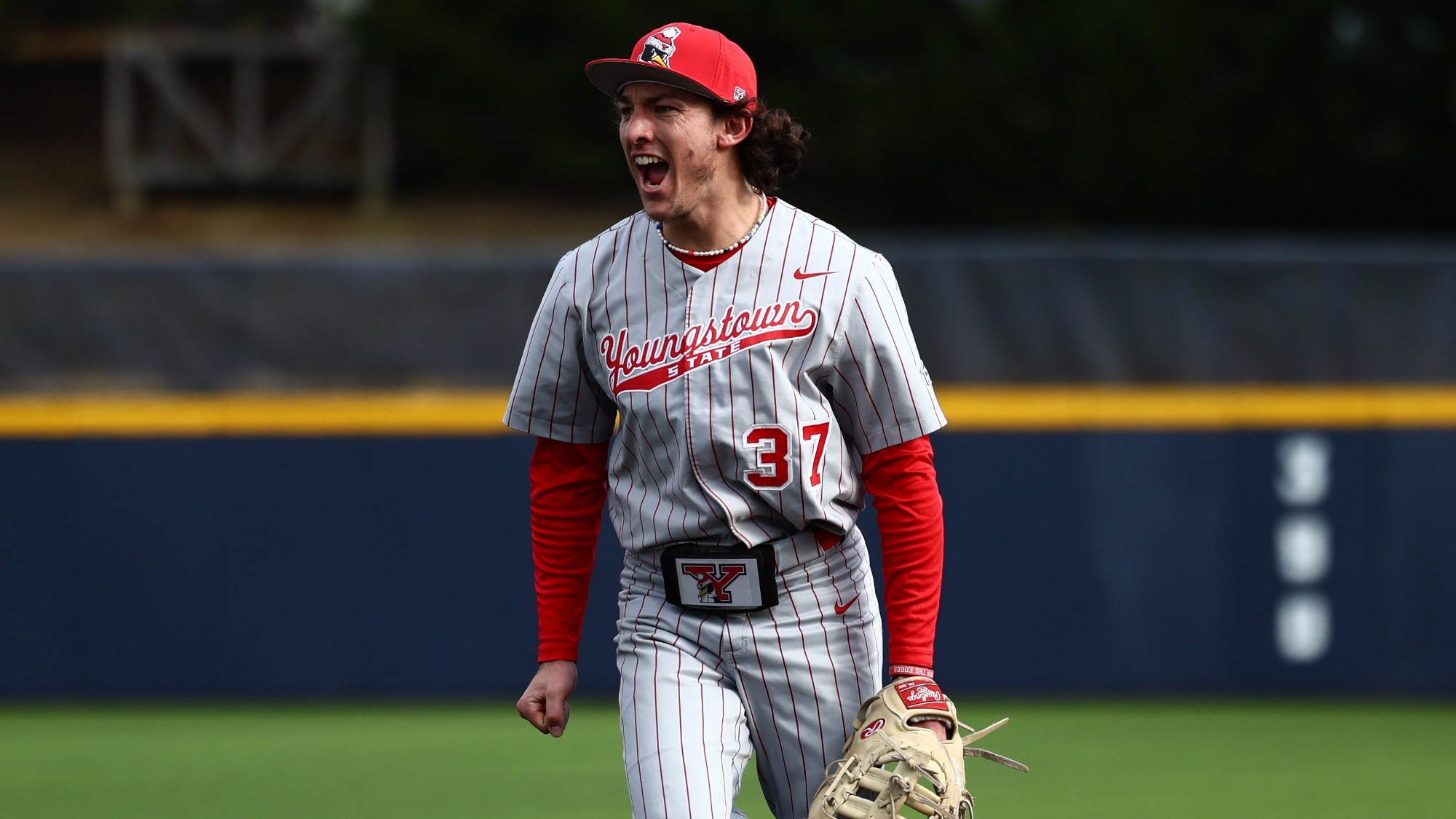 Nathan Beckley celebrates while playing defense for YSU during a baseball game at Longwood on Feb. 27, 2026 (Photo by Bryson Chavez)