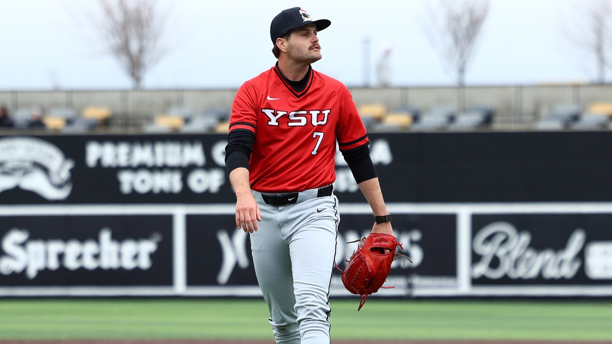Luke Zmolik walks off the mound for YSU during a baseball game at Milwaukee on April 4, 2026 (Photo by Bryson Chavez)