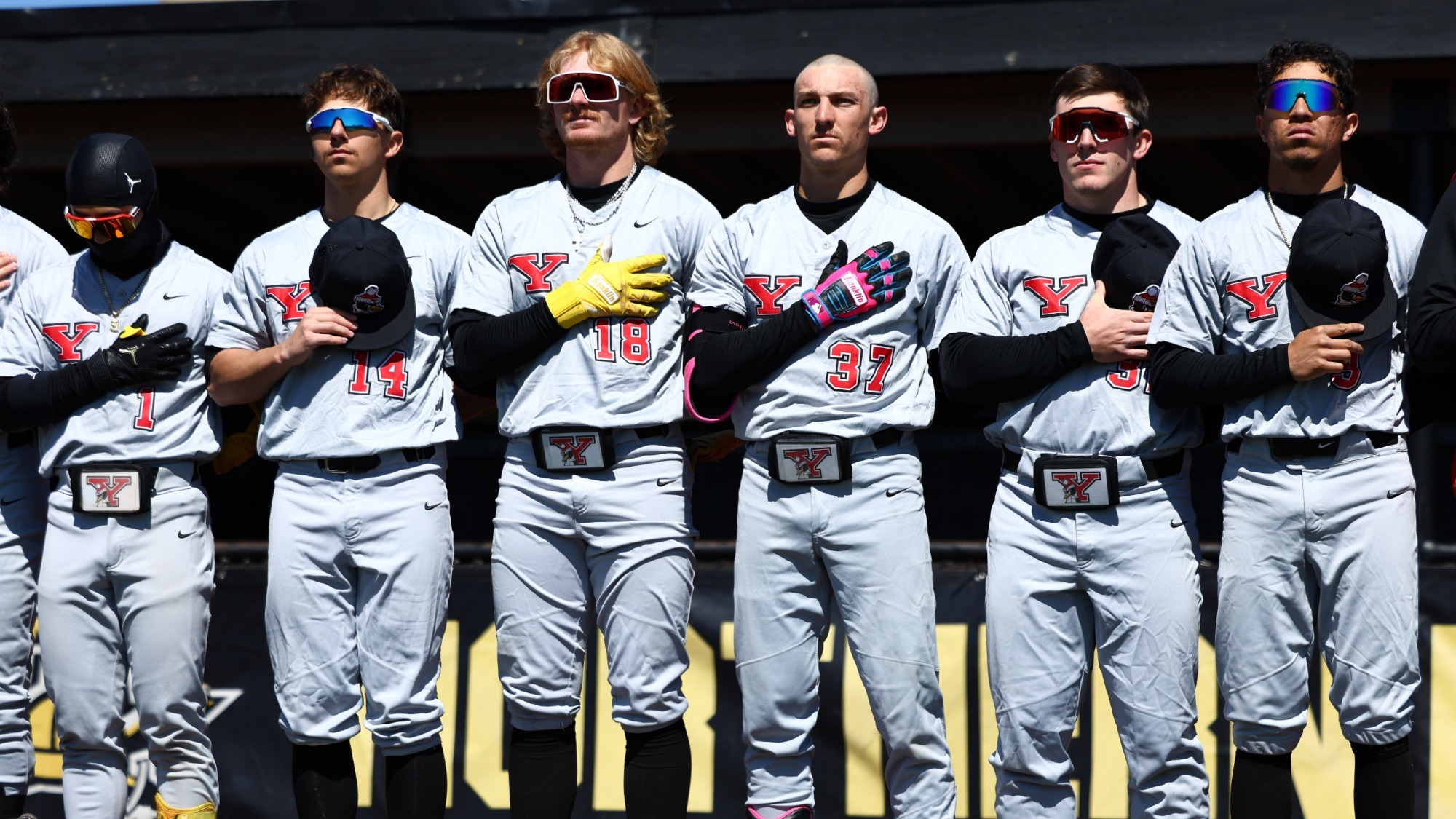YSU baseball players stand during the National Anthem before a game at Northern Kentucky on March 28, 2026 (Photo by Bryson Chavez)