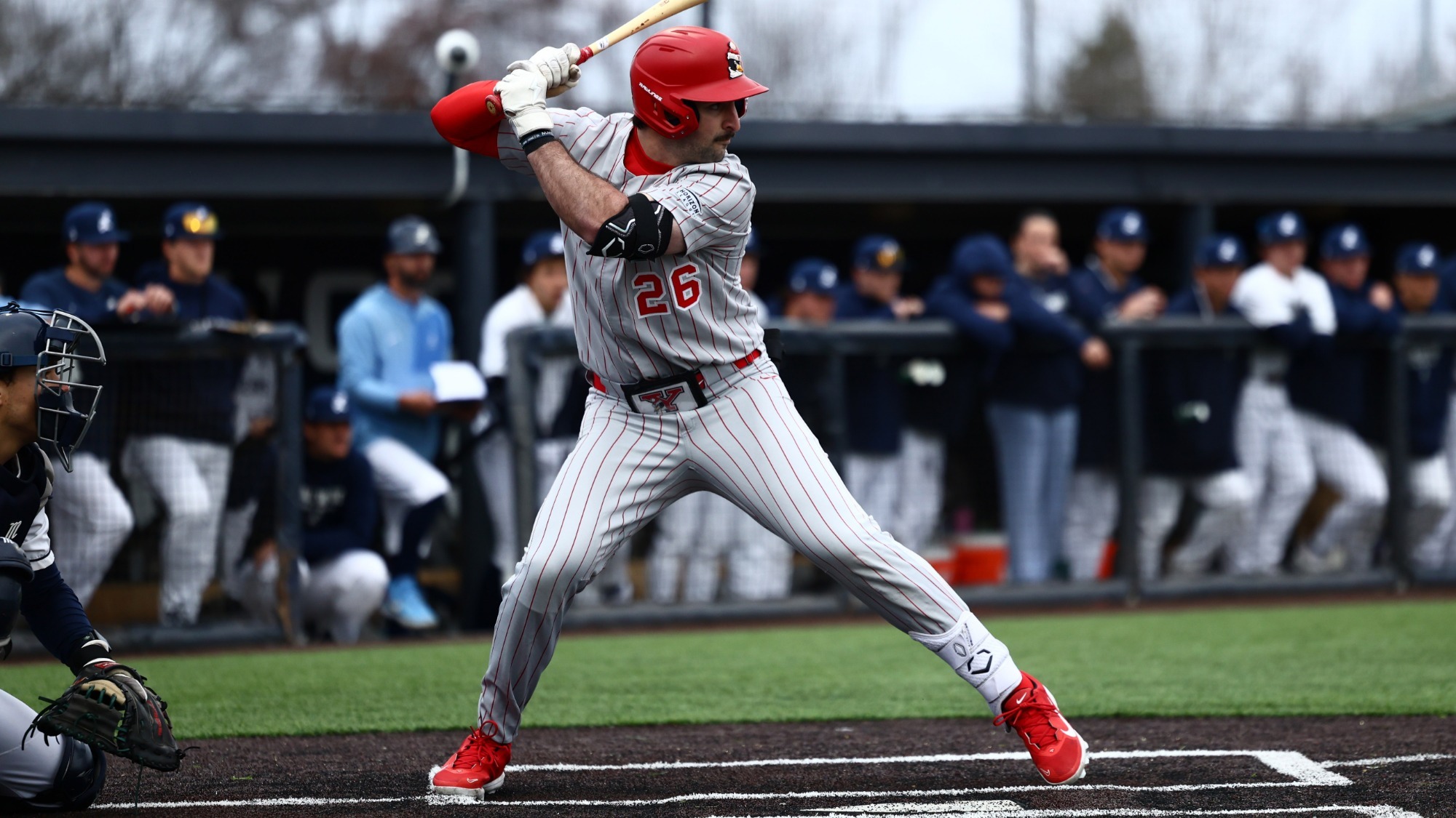 Luke Rossi awaits a pitch at the plate for YSU during a baseball game at Longwood on Feb. 27, 2026 (Photo by Bryson Chavez)
