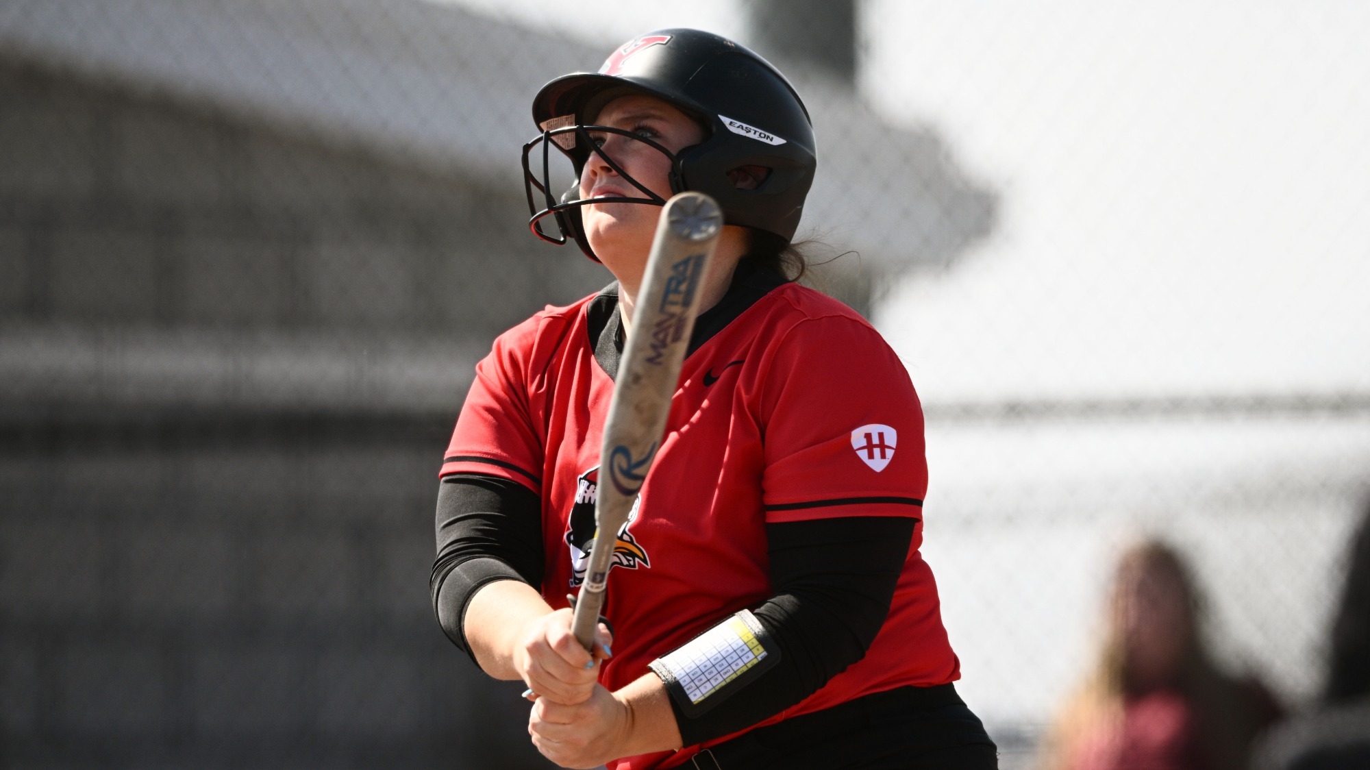 Emma Gilkerson watches a home run go over the left-field fence in a game against Detroit Mercy on March 21, 2026