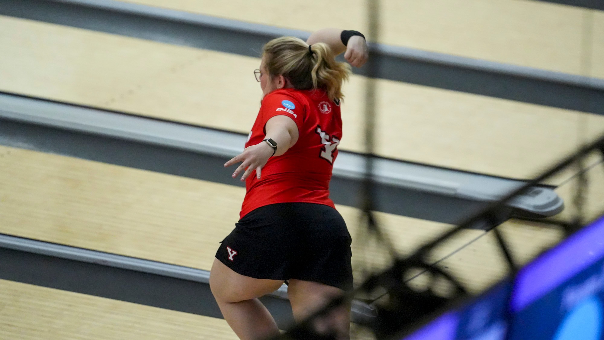 High-angle view of Liv Baskin in her bowling motion for Youngstown State at the 2026 Lansing Regional.