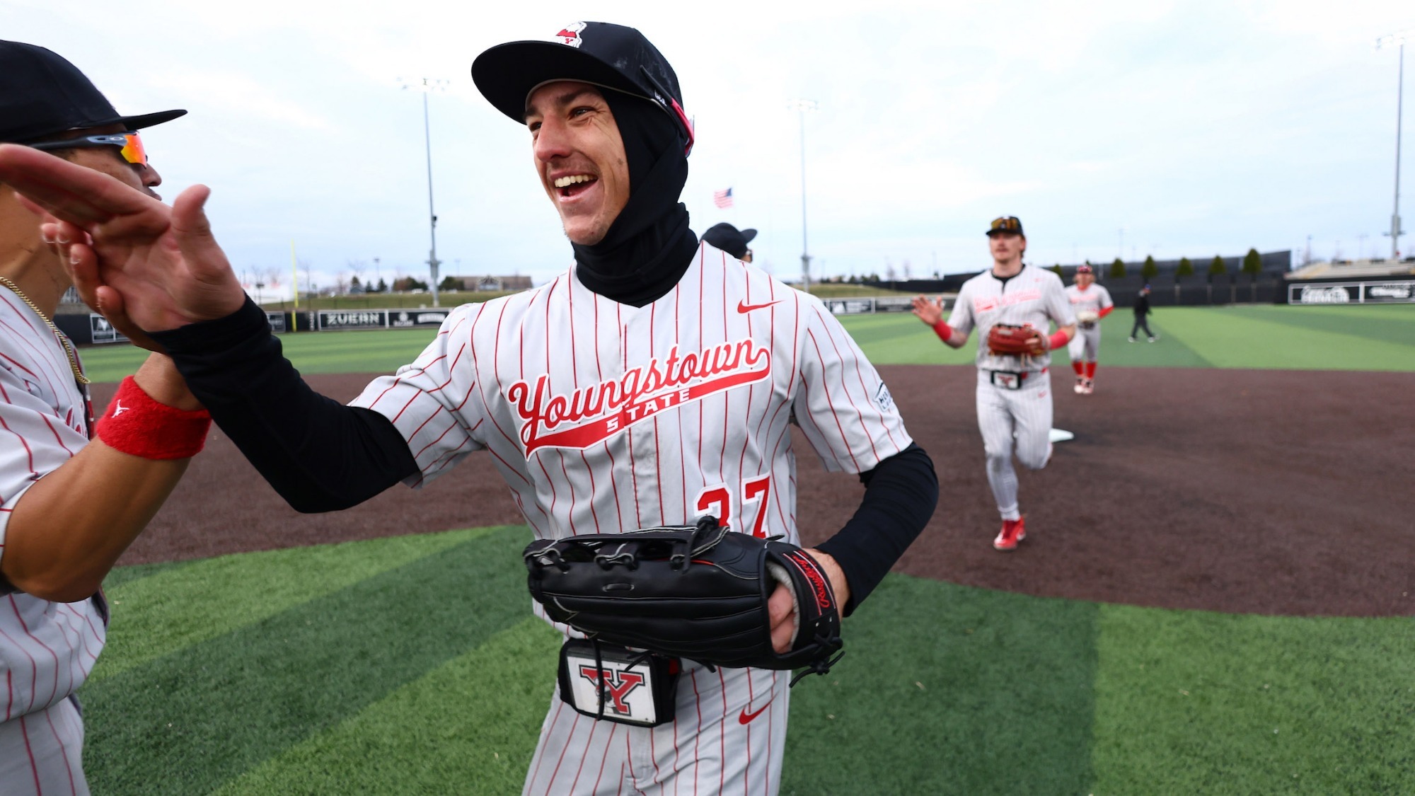 Nathan Beckley celebrates with teammates for YSU after winning a baseball game at Milwaukee on April 3, 2026 (Photo by Bryson Chavez)