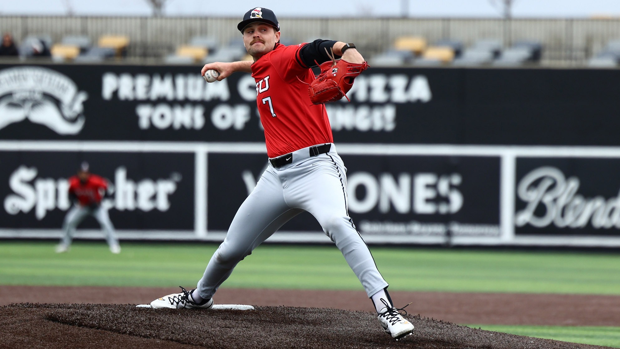 Luke Zmolik delivers a pitch for YSU during a baseball game at Milwaukee on April 4, 2026 (Photo by Bryson Chavez)