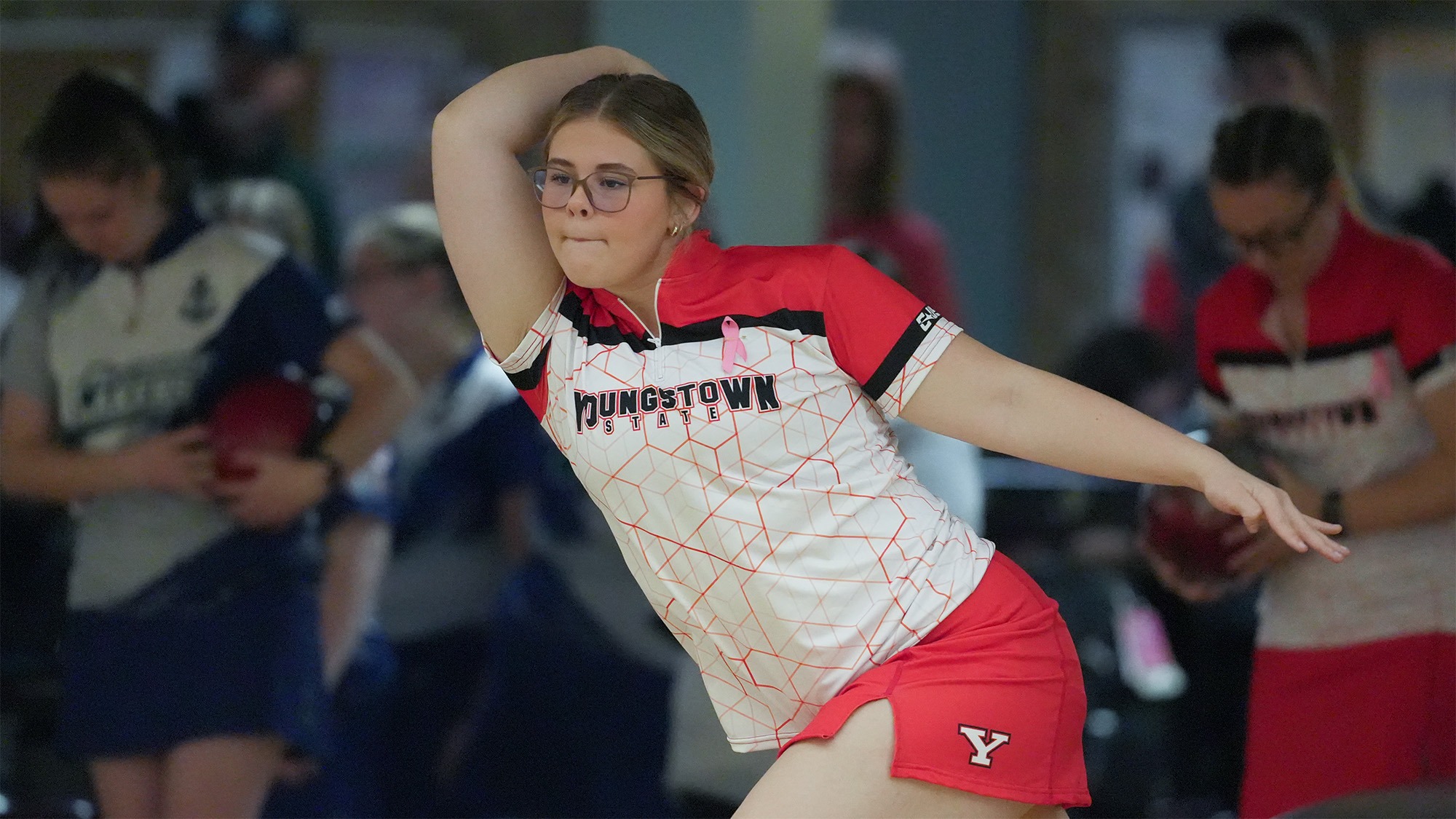 Liv Baskin looks down lane in her follow through for YSU at the Chelsea Gilliam Penguin Classic