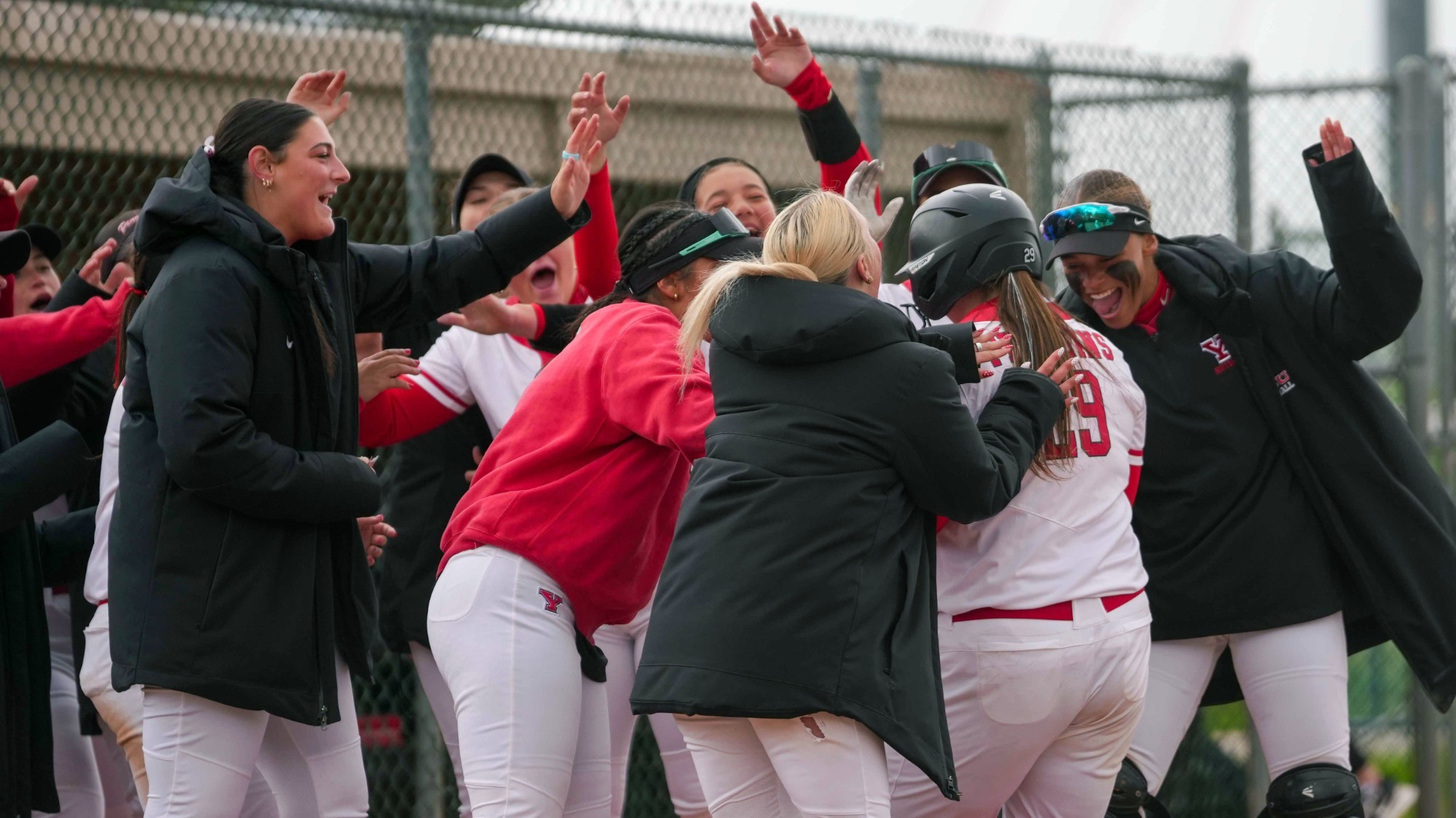 Emma Gilkerson teammates celebrate her home run against Oakland on May 1, 2026