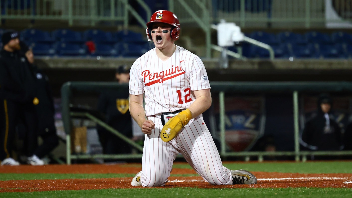 Ryan Schummer celebrates after scoring a run for YSU during a baseball game vs. NKU on May 1, 2026 (Photo by Bryson Chavez)