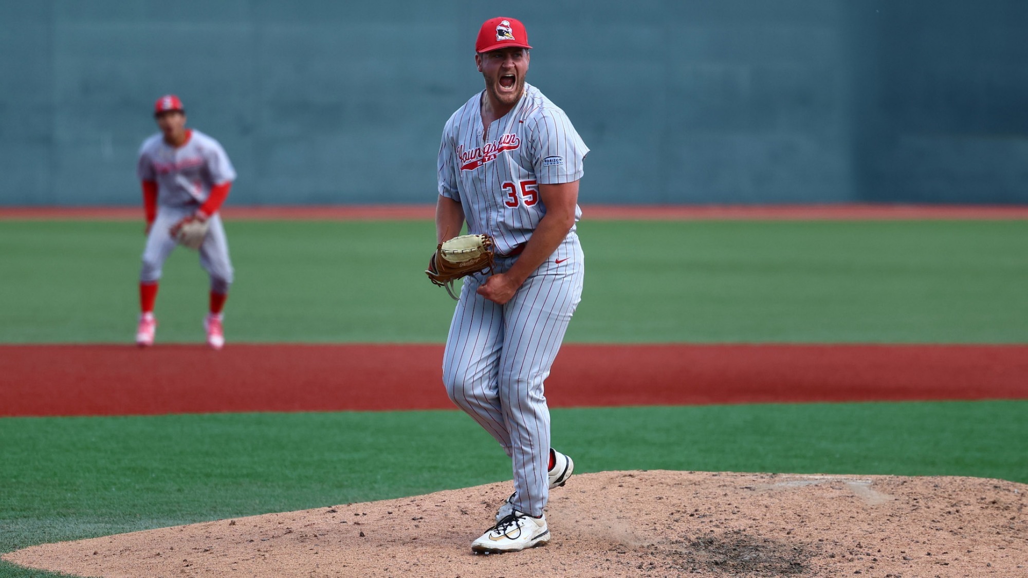 Braden Gebhardt celebrates for YSU during a baseball game at Wright State on May 14, 2026 (Photo by Bryson Chavez)