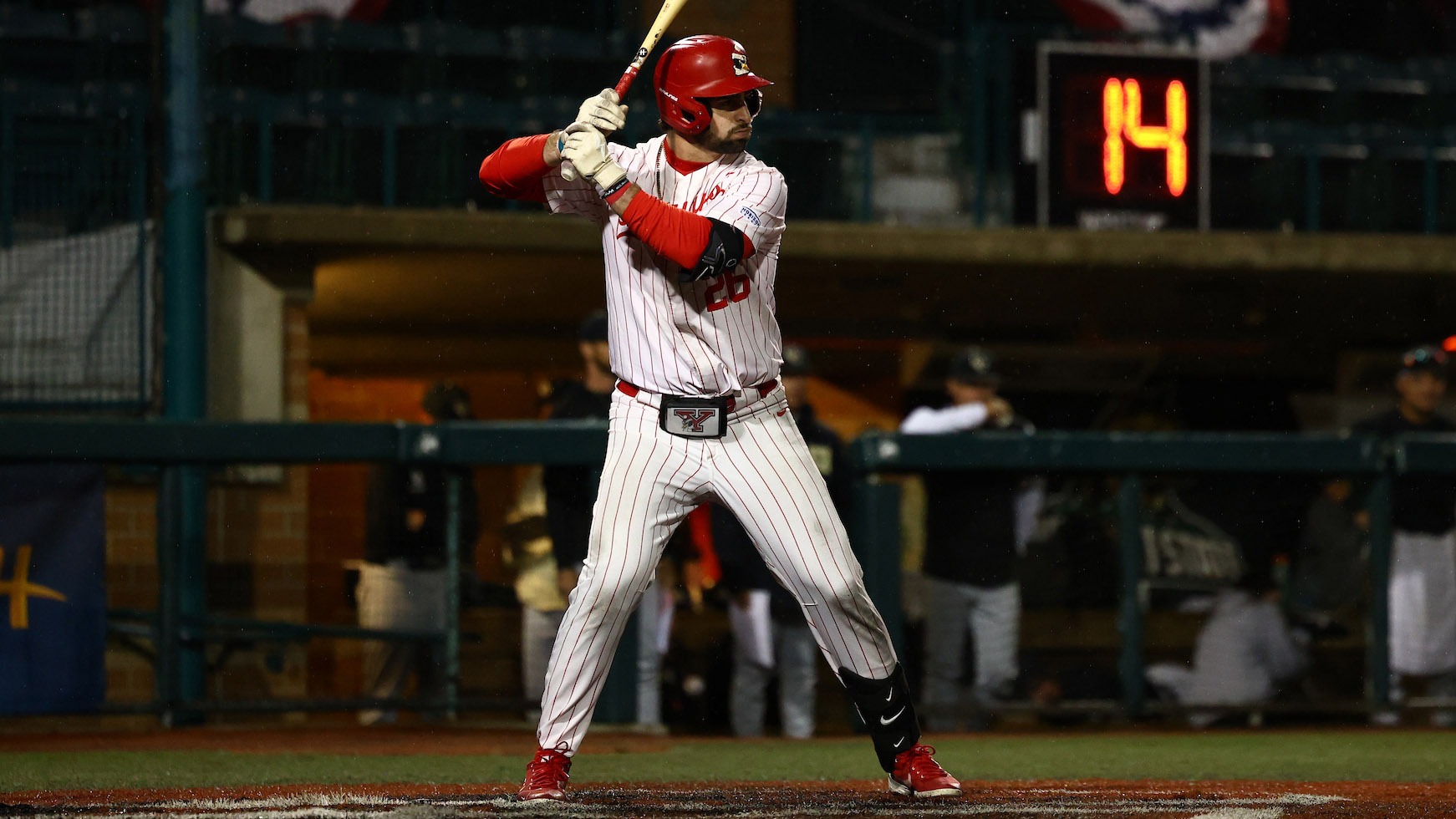Luke Rossi awaits a pitch at the plate for YSU during a baseball game against Oakland in the Horizon League Championship at Nischwitz Stadium on May 20, 2026 (Photo by Bryson Chavez)