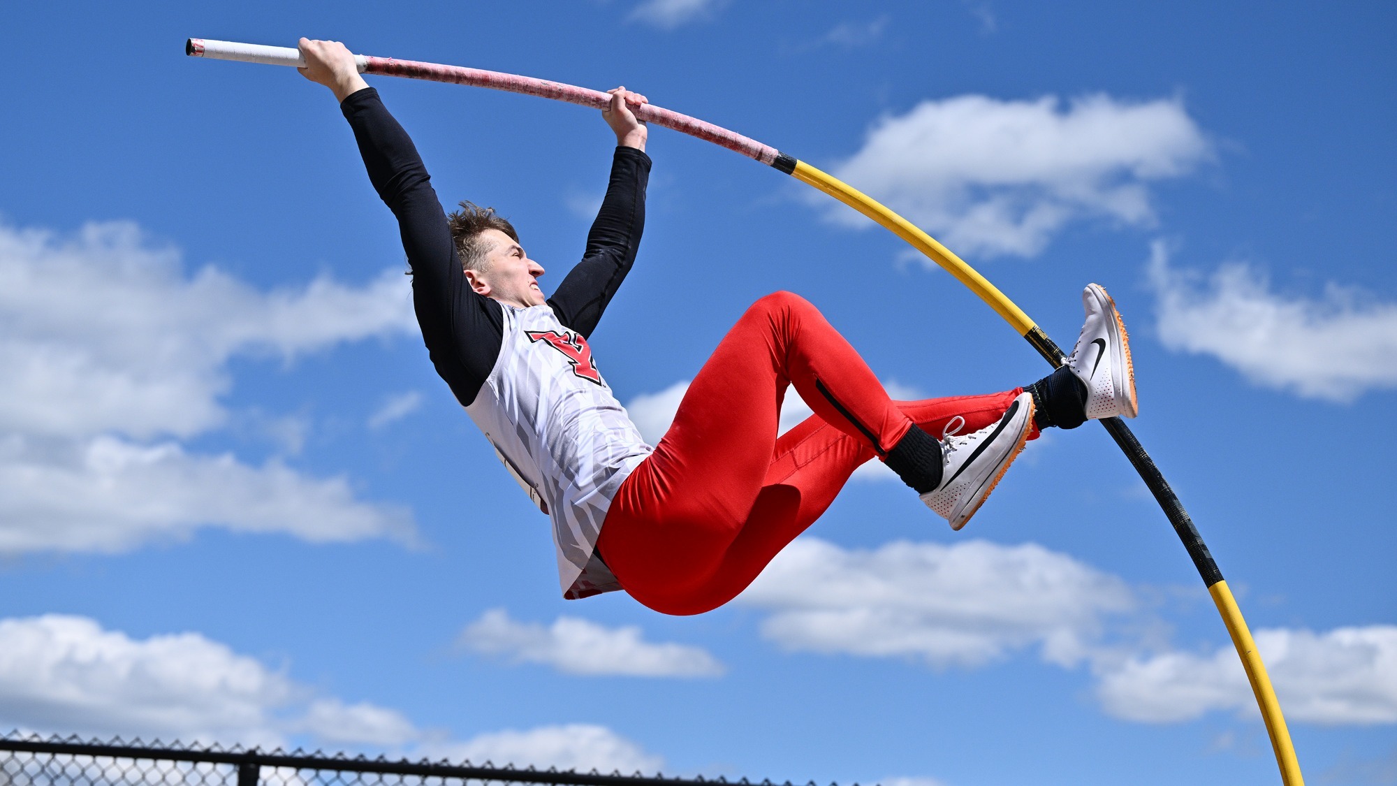 Lukas Lang pole vaults during the 2026 Horizon League Championships